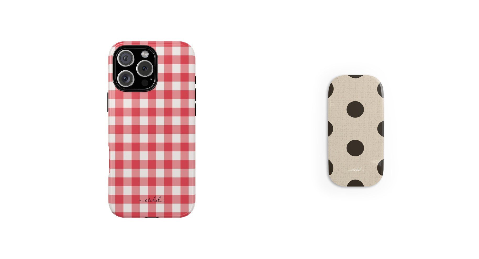 Gingham phone case and polka dot phone grip by etchd