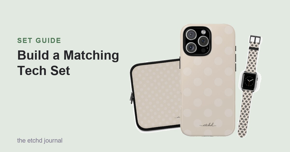 A matching etchd set: laptop sleeve, phone case and smartwatch strap in one design