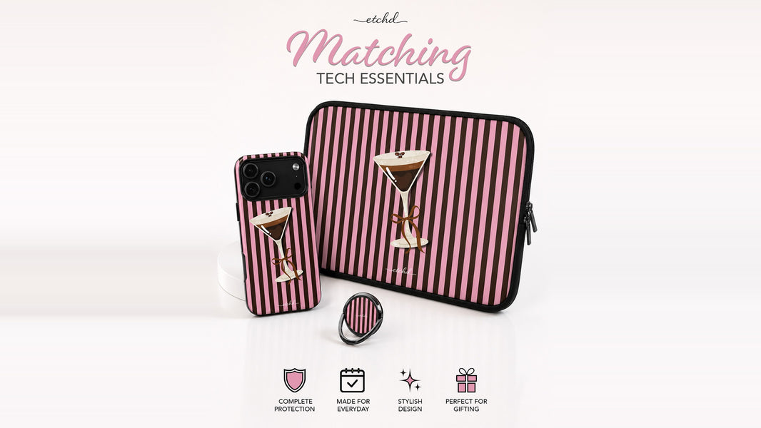 Matching espresso martini phone case, laptop sleeve and ring holder set by etchd