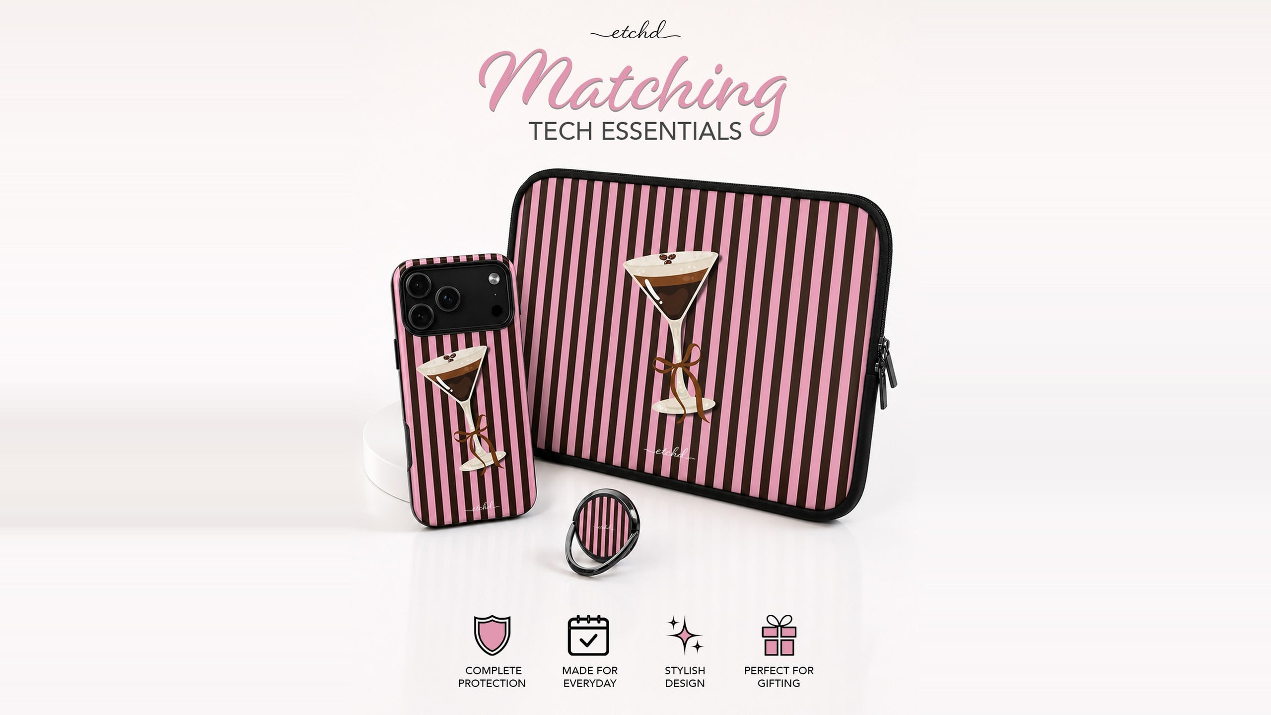 Matching espresso martini phone case, laptop sleeve and ring holder set by etchd