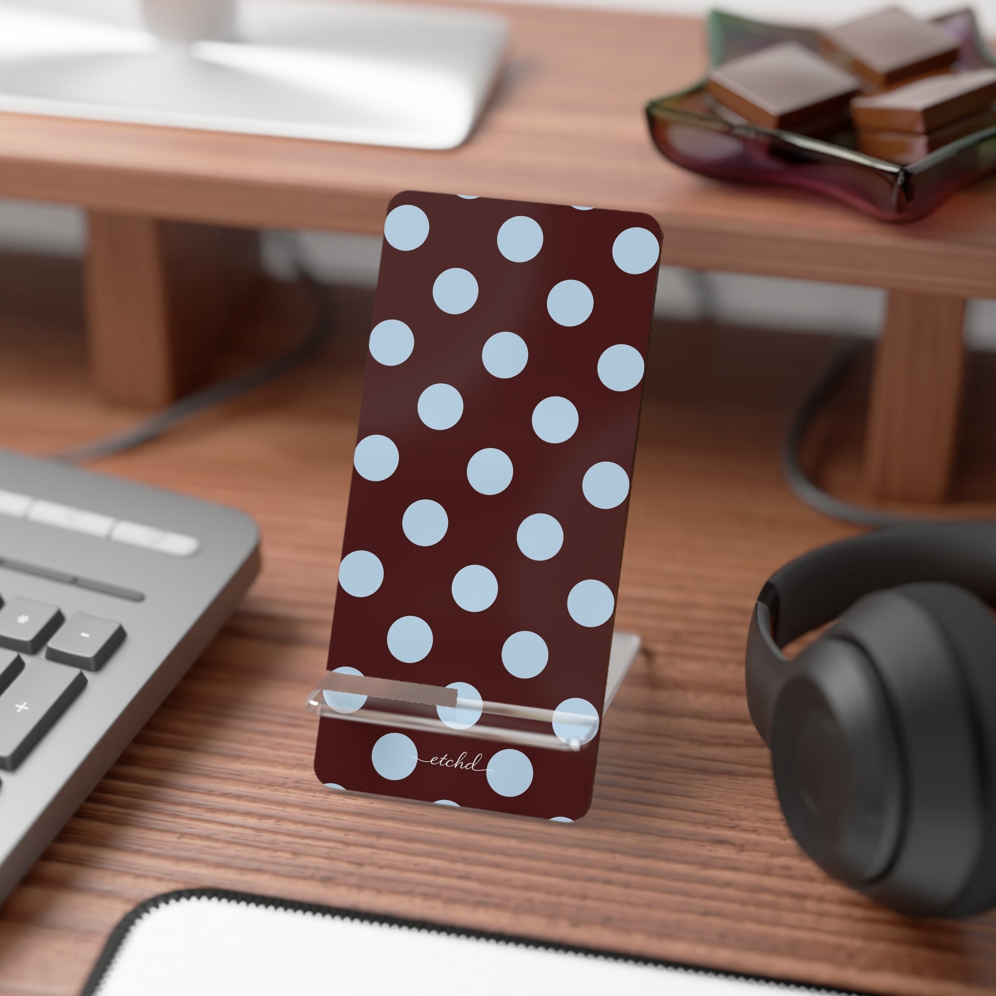 Cherry & Blue Polka Dot Phone Stand by etchd, view 3