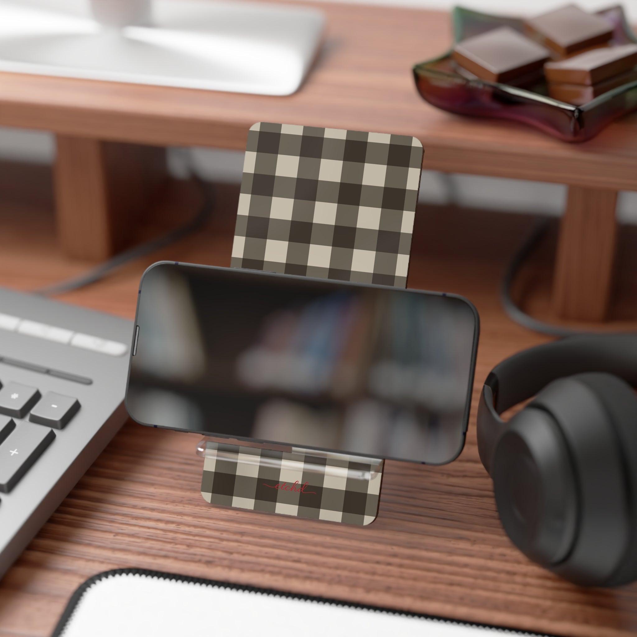 Cream & Brown Gingham Phone Stand by etchd, view 4