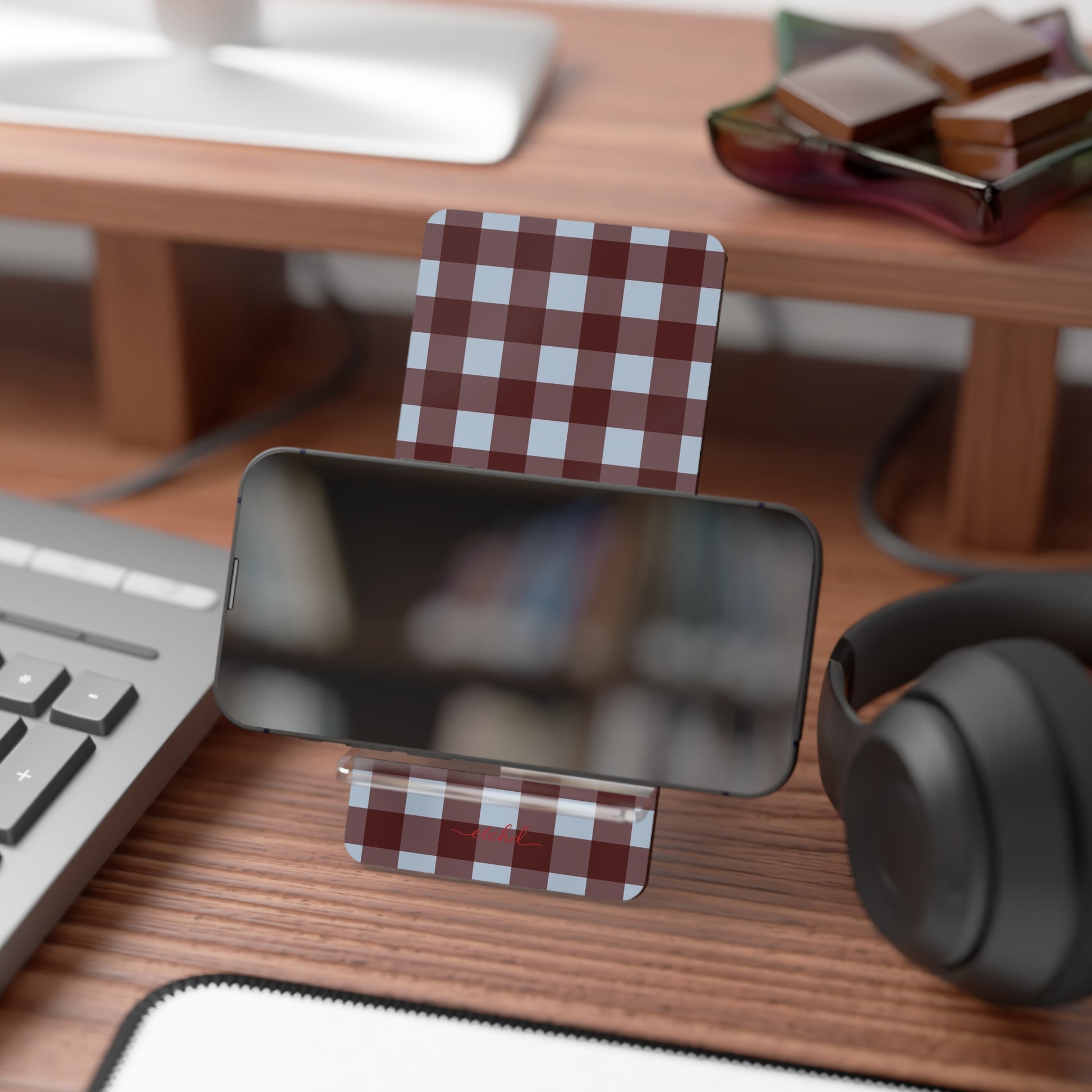 Blue & Cherry Gingham Phone Stand by etchd, view 4