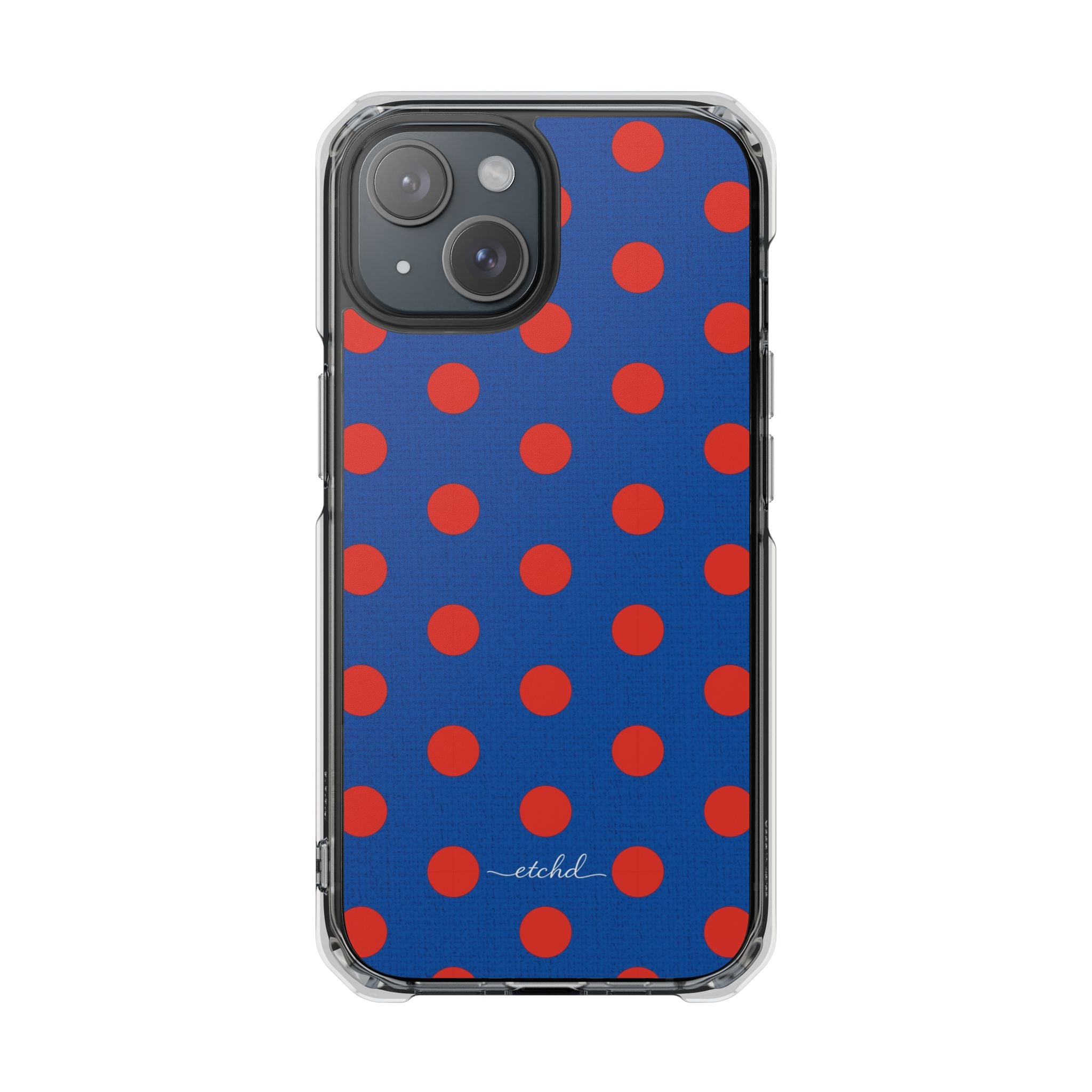 Poppy & Cobalt Polka Dot Funda transparente magnética para móvil de etchd, vista 2