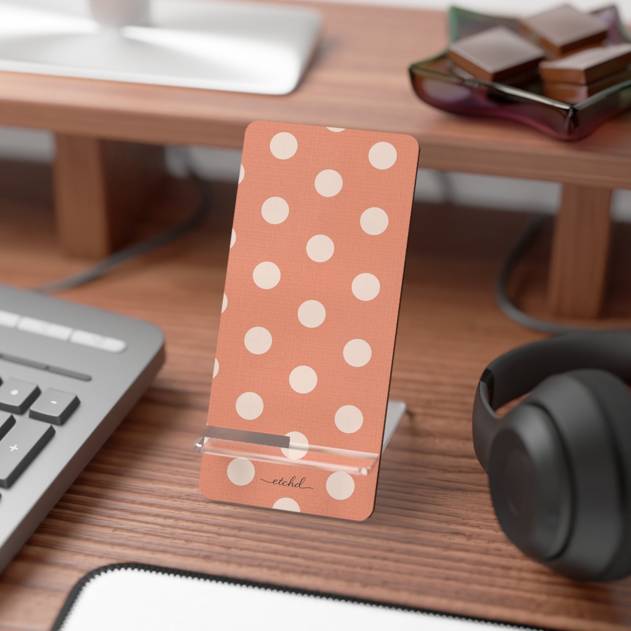Cream & Coral Polka Dot Phone Stand by etchd, view 3