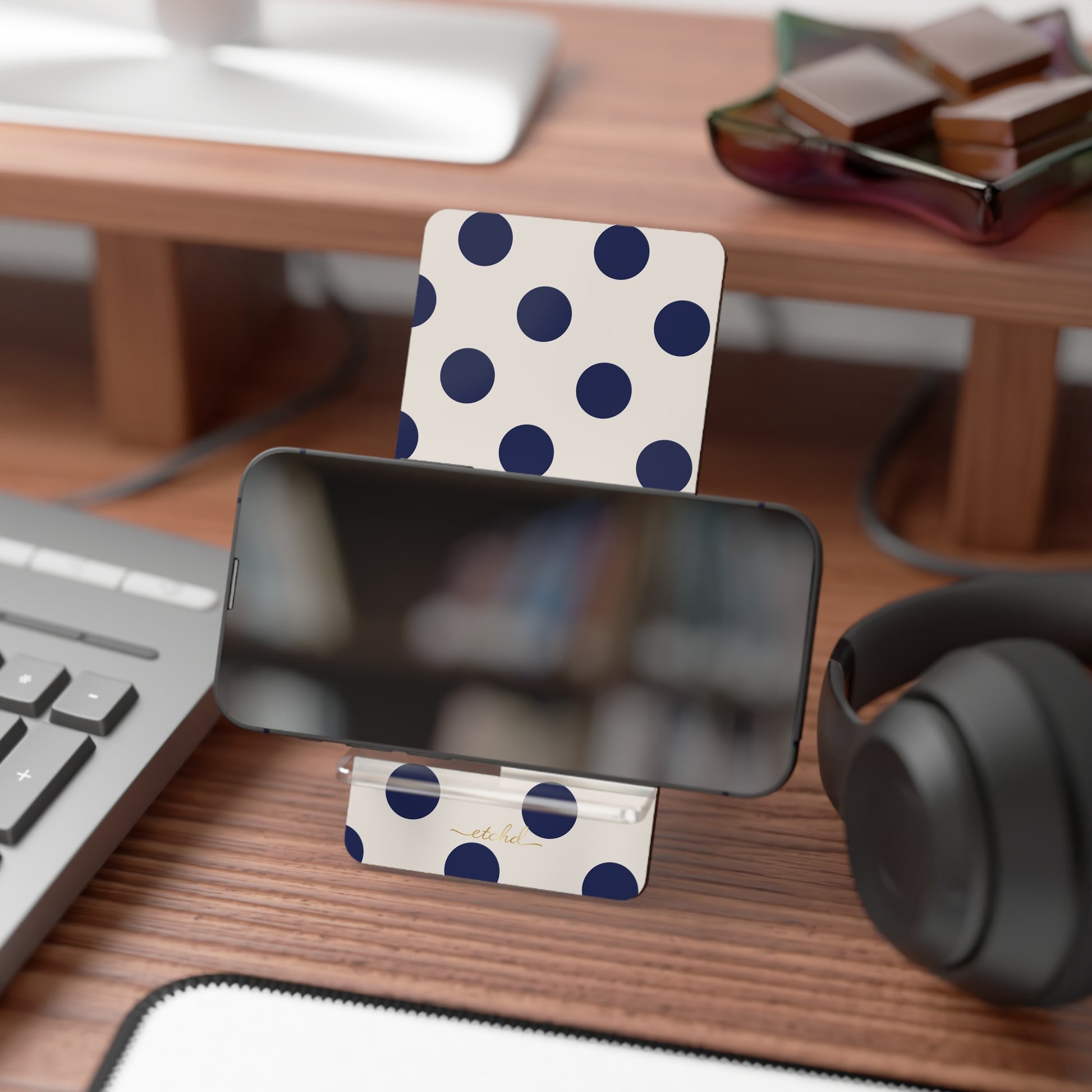Navy & Cream Polka Dot Phone Stand by etchd, view 4