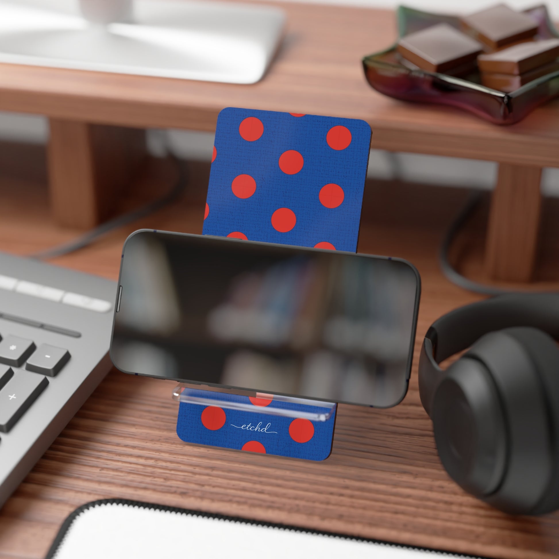 Poppy And Cobalt Polka Dot Phone Stand by etchd, view 4