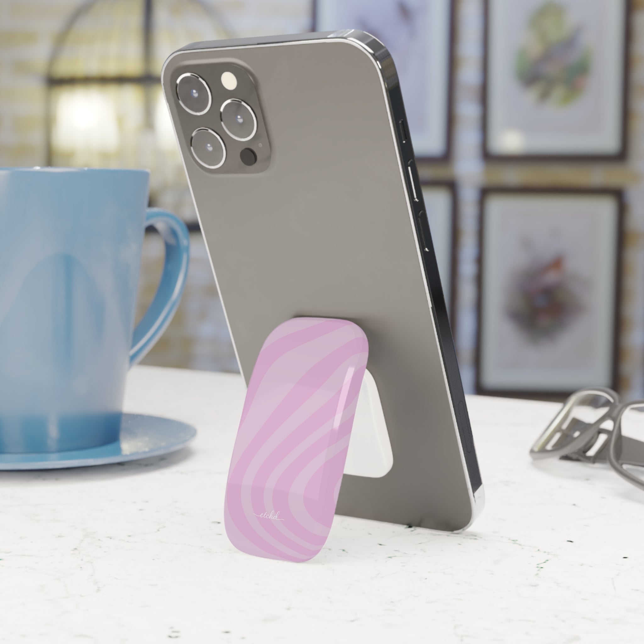 Pink Curved Lines Click-On Phone Grip by etchd, view 3