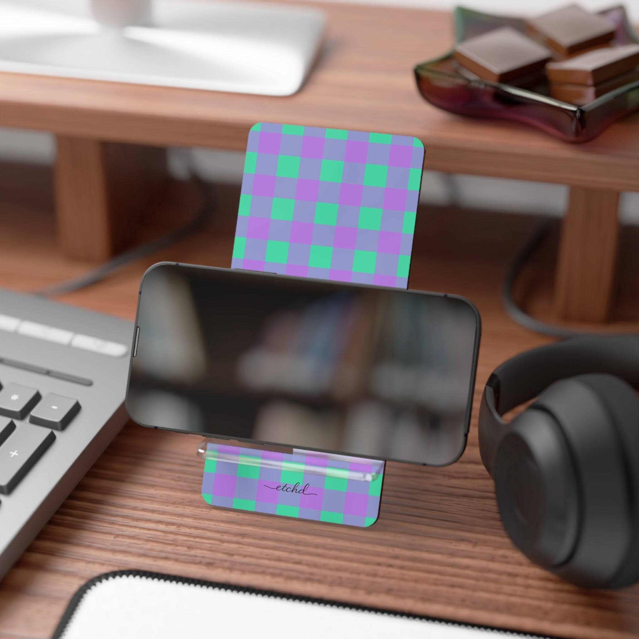 Hypermint & Lilac Gingham Phone Stand by etchd, view 4