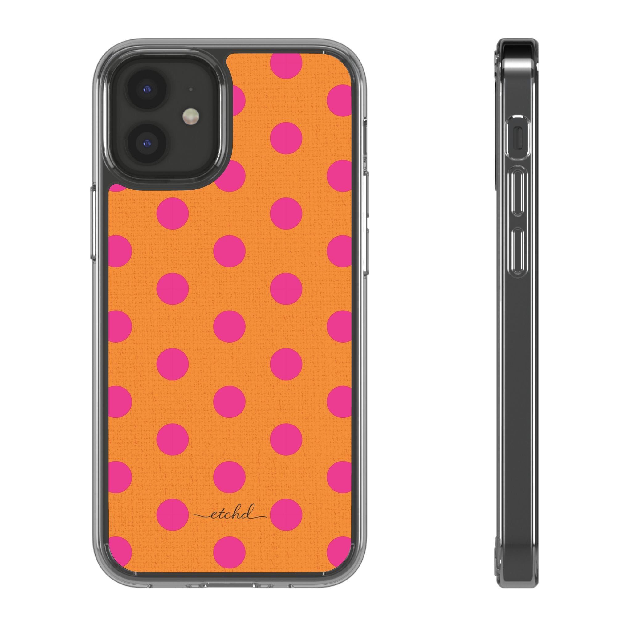Pink & Orange Polka Dot Clear Phone Case by etchd, view 2