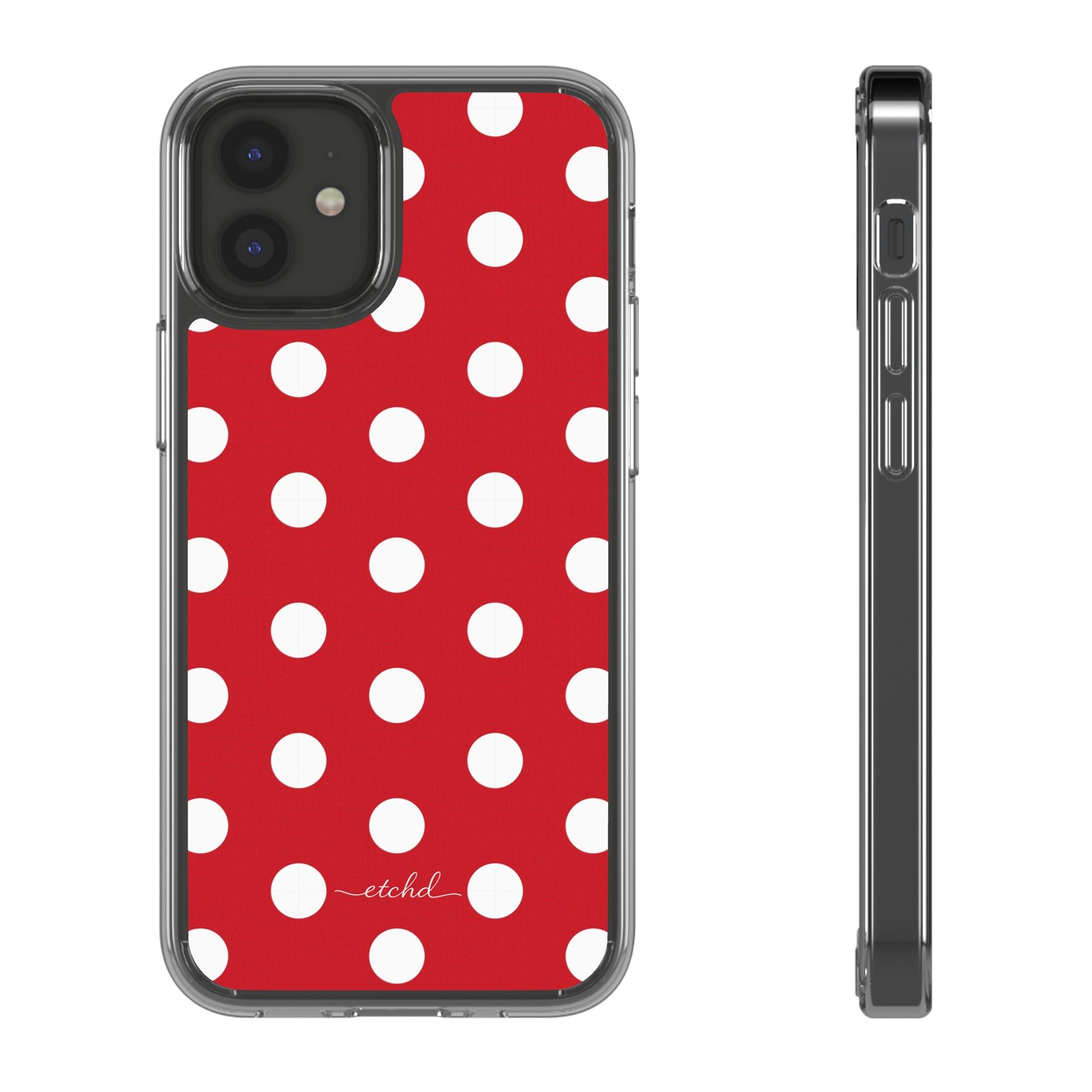Classic Red Polka Dot Clear Phone Case by etchd, view 2