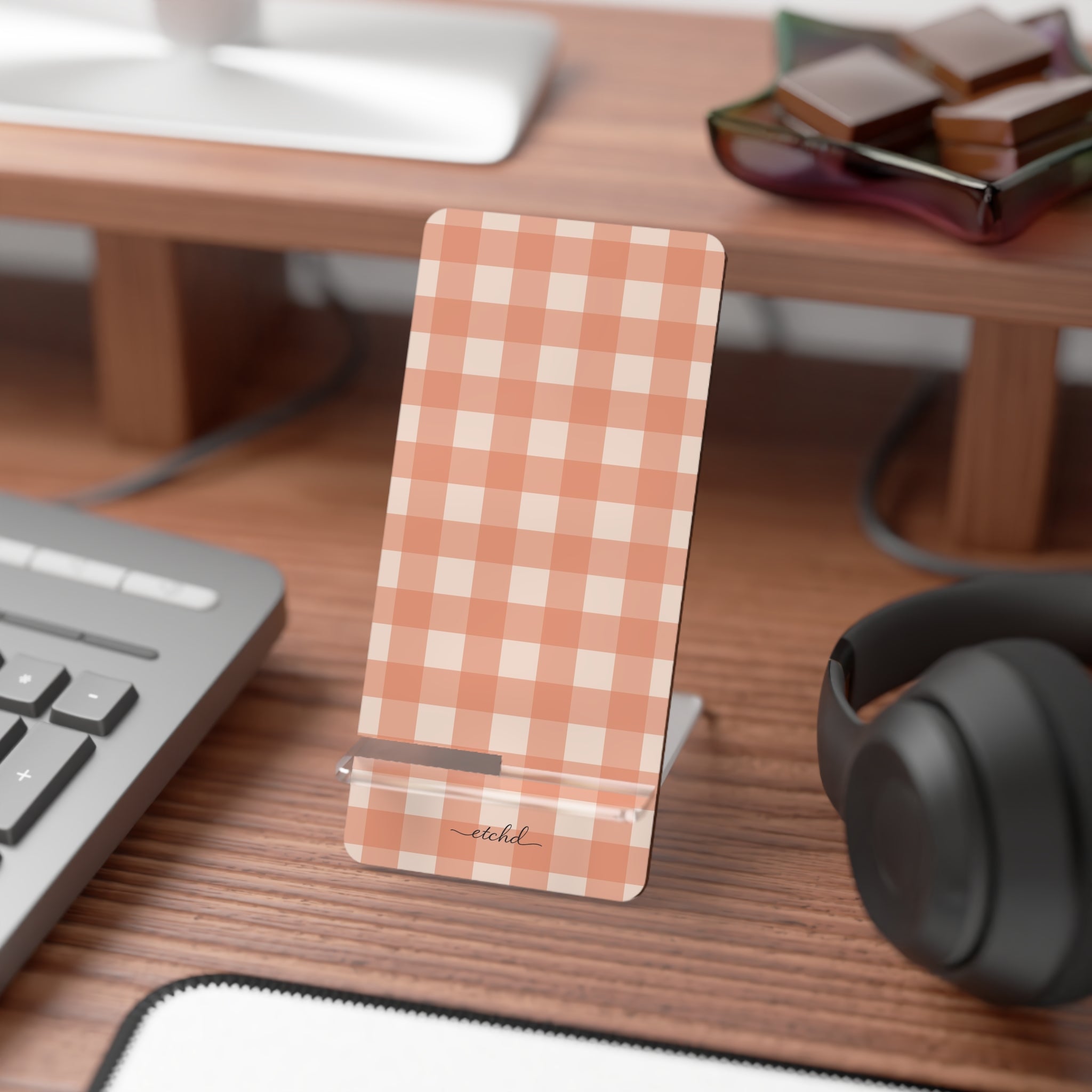 Coral & Cream Gingham Phone Stand by etchd, view 3