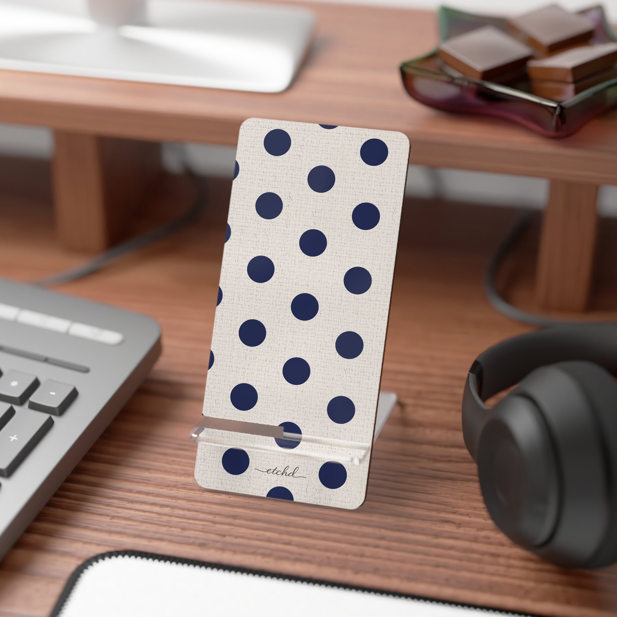 Navy & Cream Polka Dot Phone Stand by etchd, view 3
