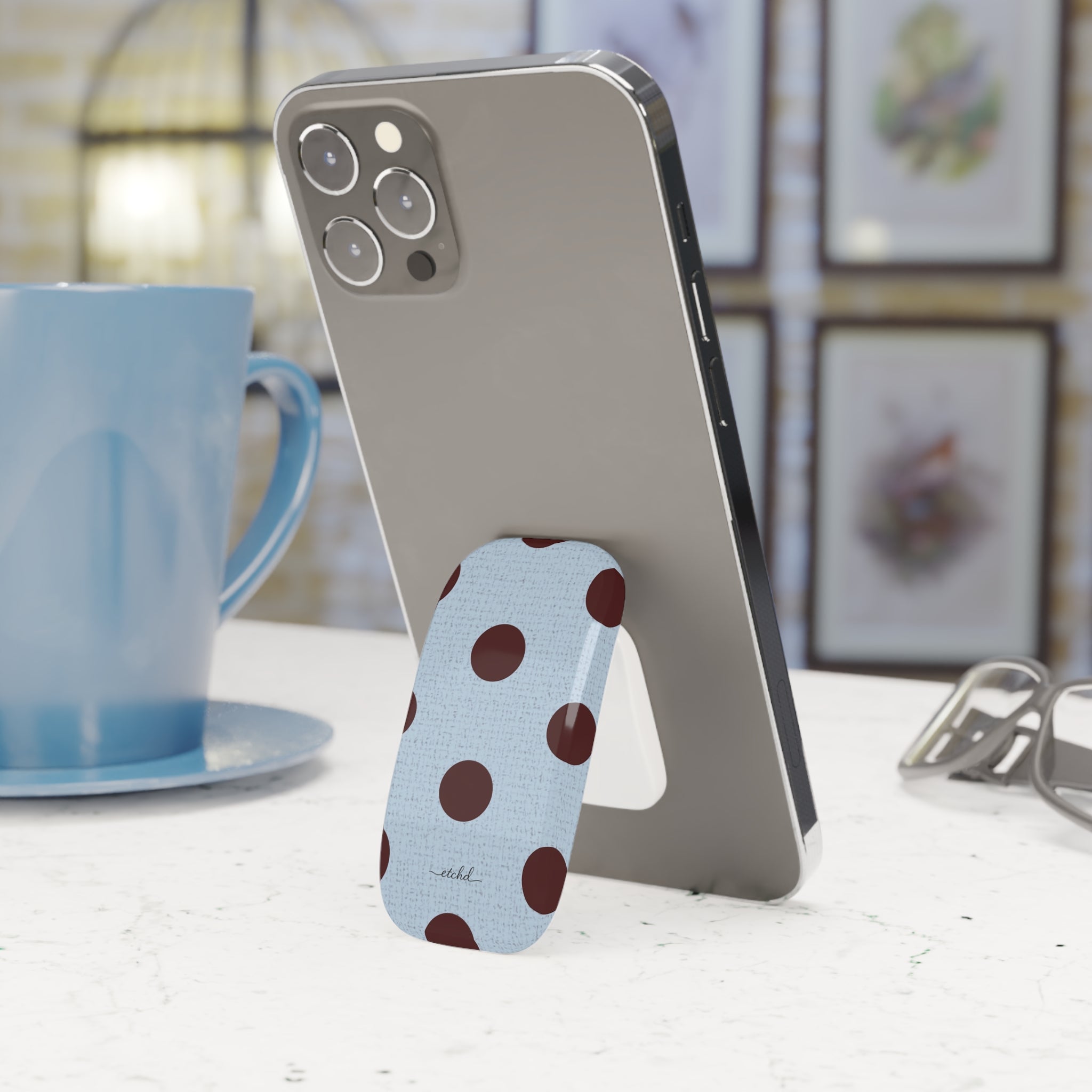 Blue & Cherry Polka Dot Click-On Phone Grip by etchd, view 3