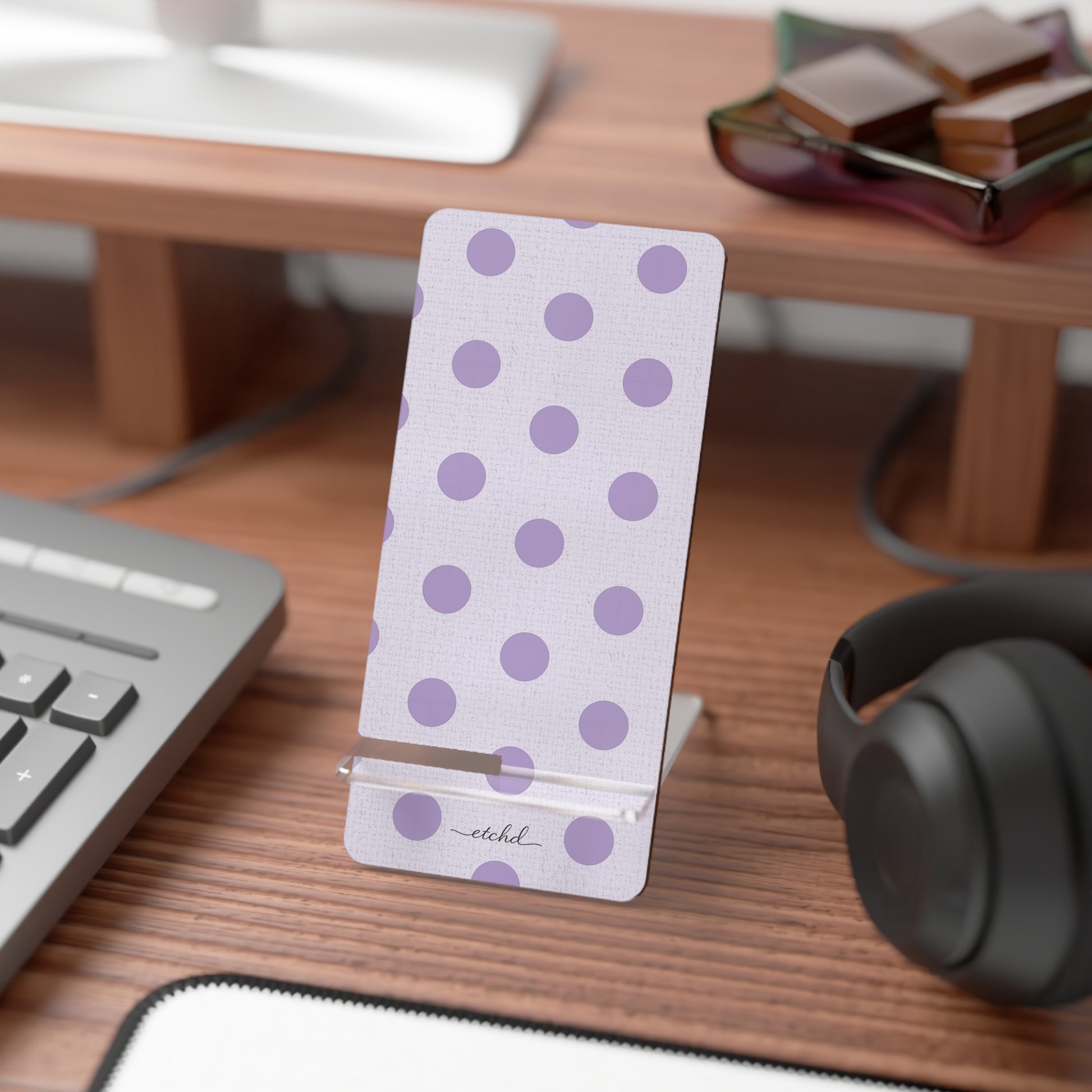 Lilac Polka Dot Phone Stand by etchd, view 3