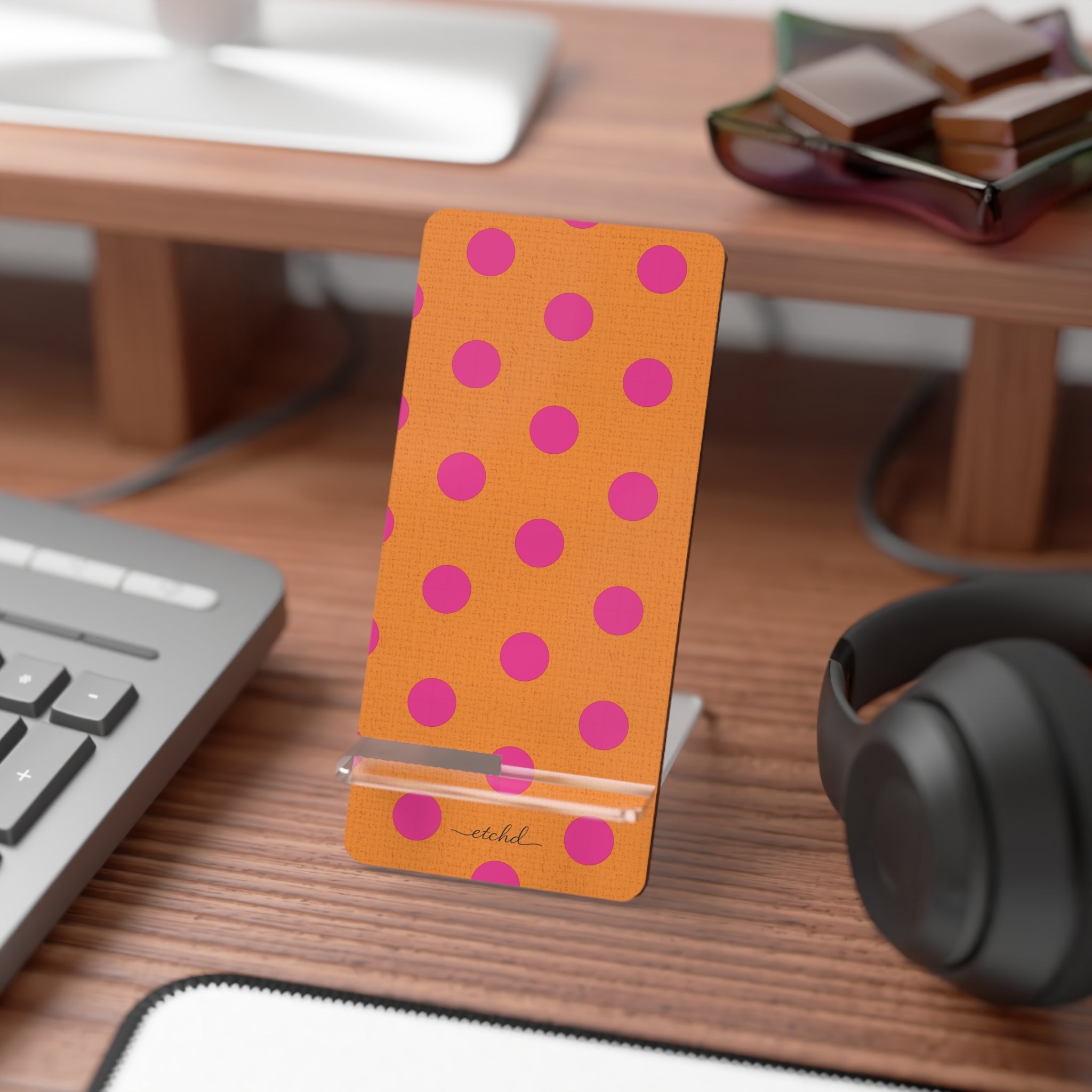 Pink And Orange Polka Dot Phone Stand by etchd, view 3