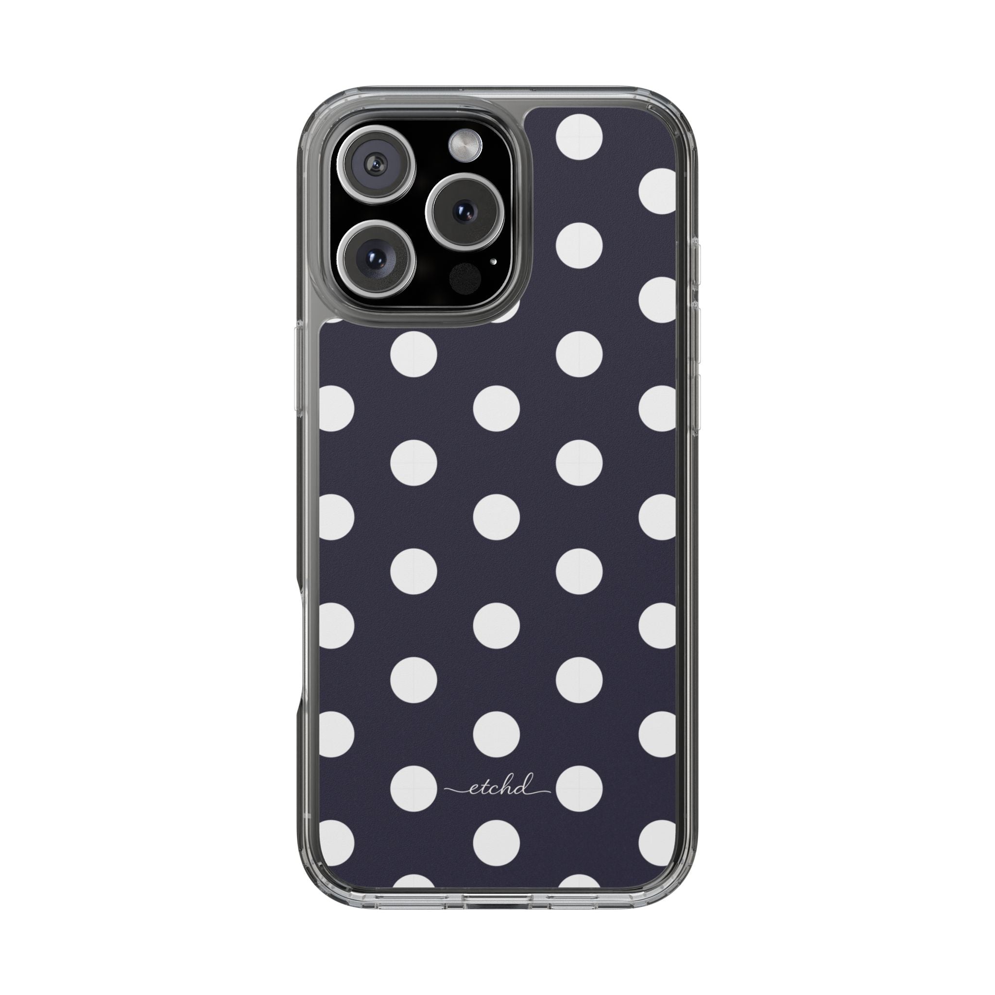 White And Navy Polka Dot Clear Phone Case by etchd
