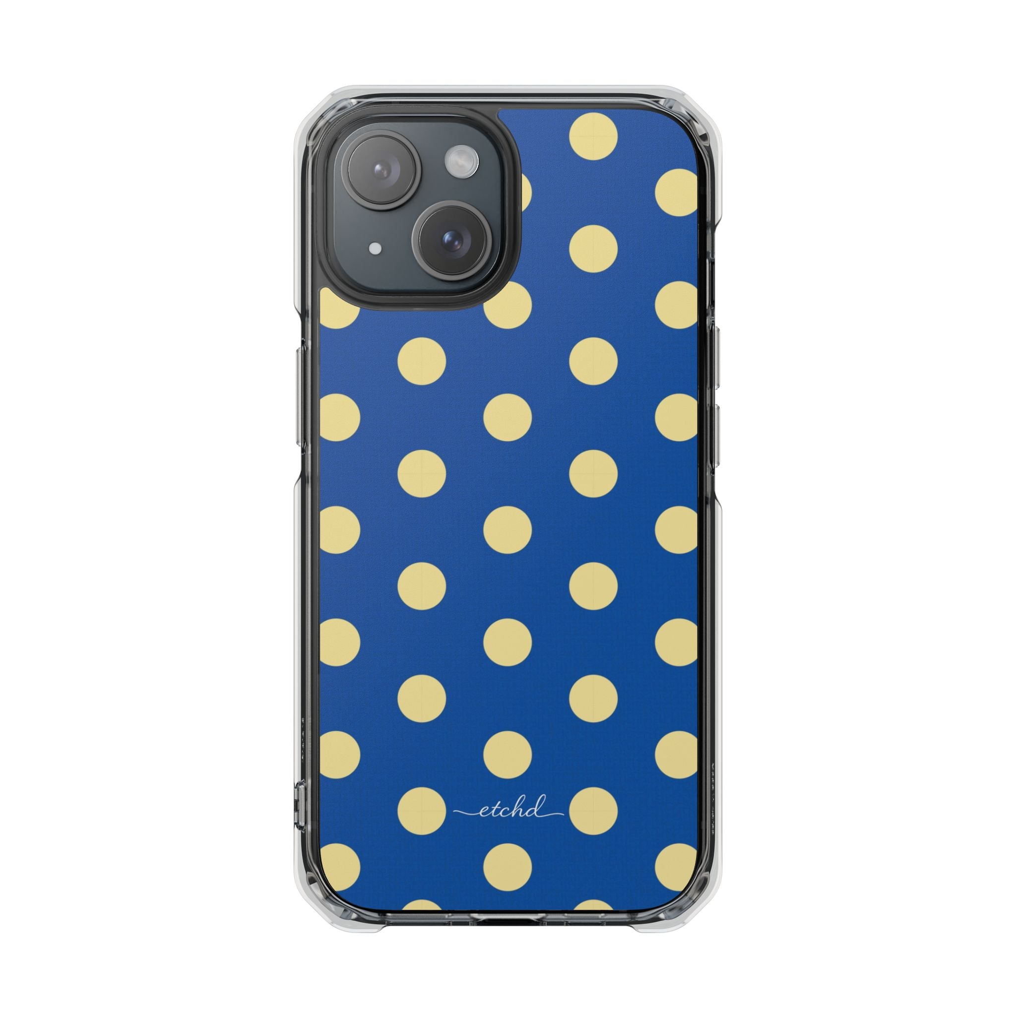Butter & Cobalt Polka Dot Clear Magnetic Phone Case by etchd, view 2