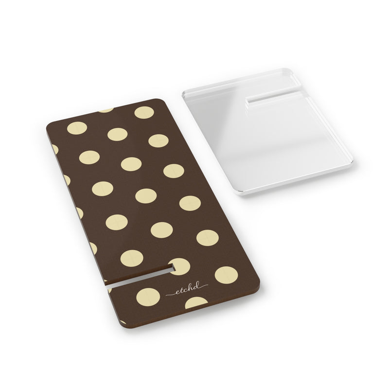Brown And Butter Yellow Polka Dot Phone Stand by etchd, view 2