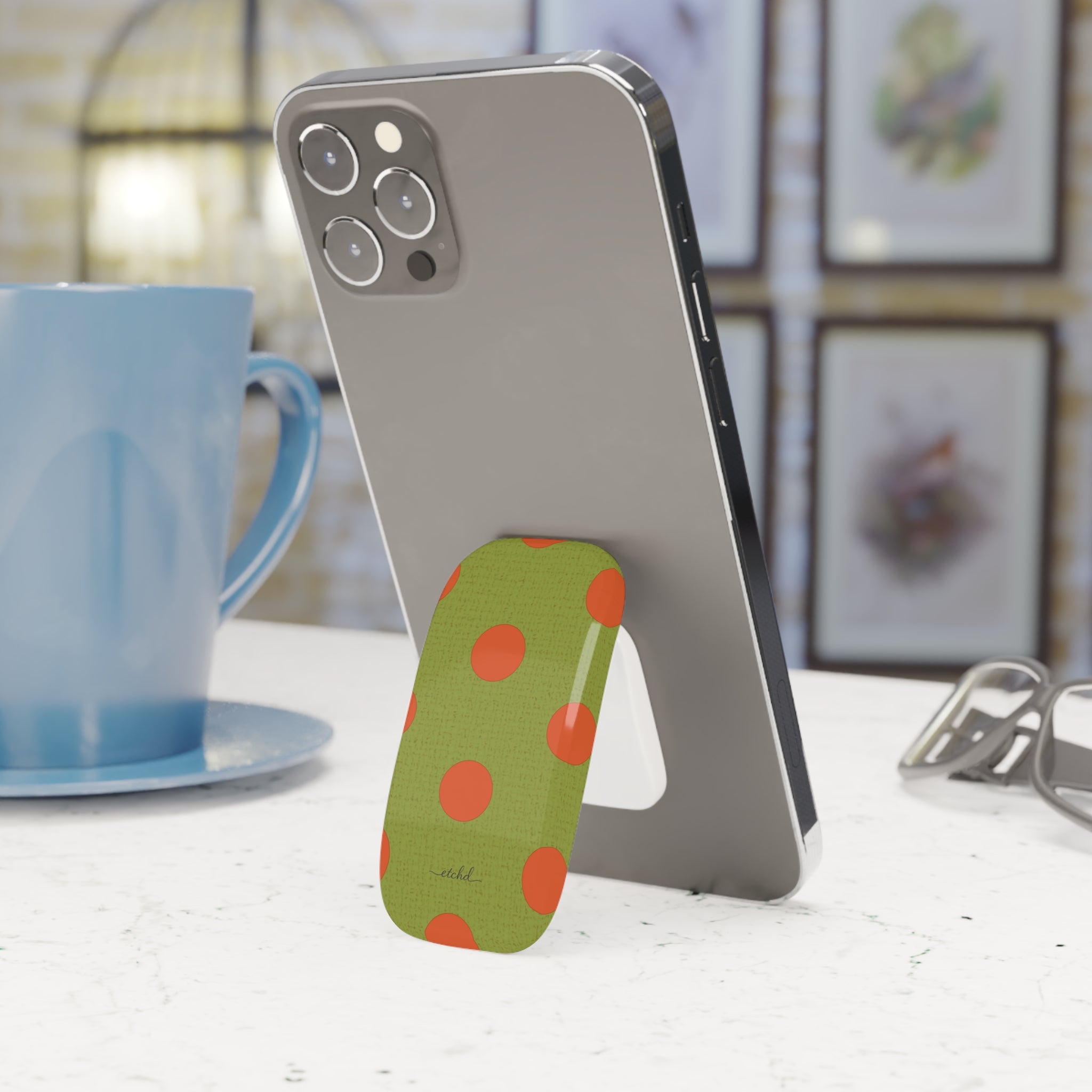 Persimmon And Wasabi Polka Dot Click-On Phone Grip by etchd, view 3