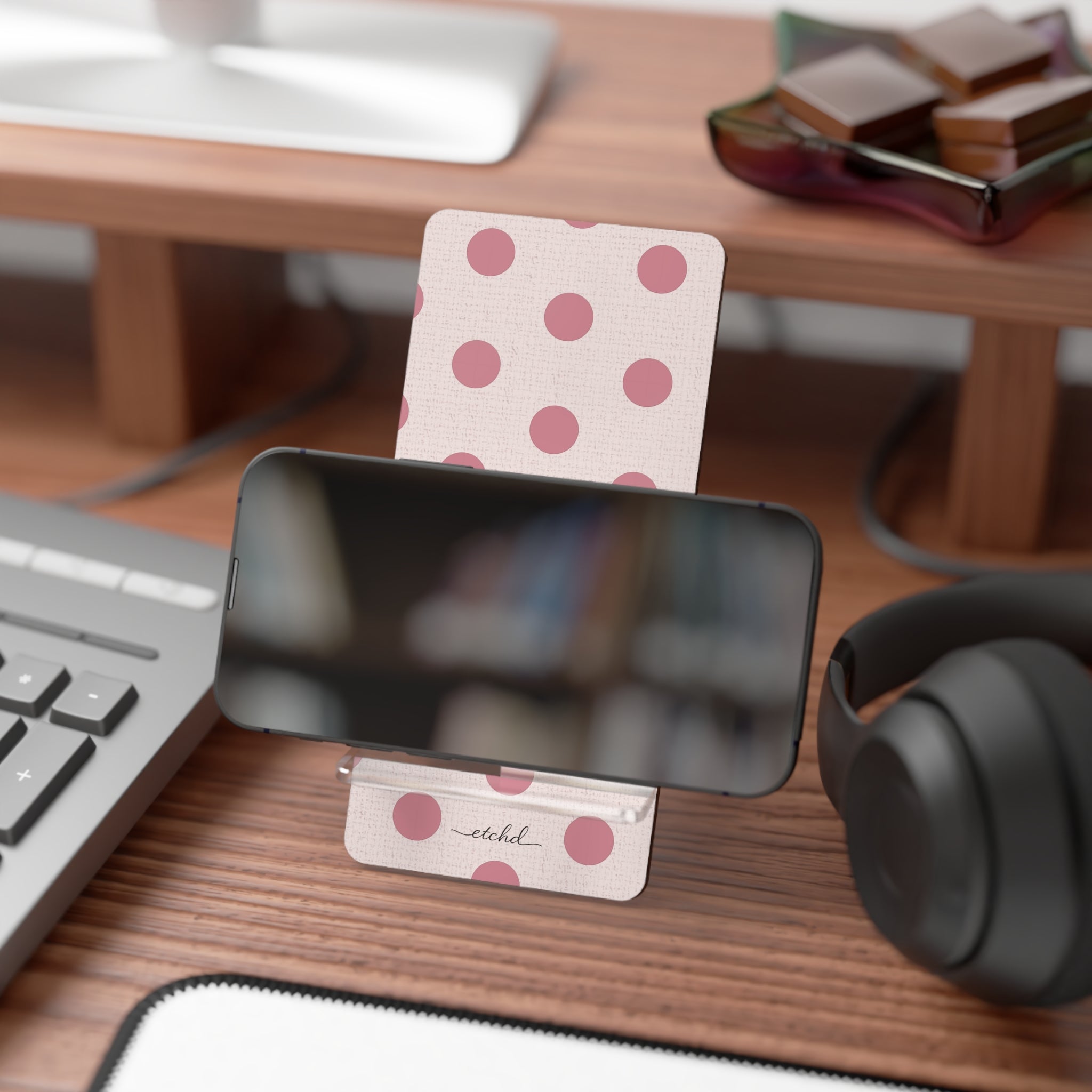 Blush Polka Dot Phone Stand by etchd, view 4