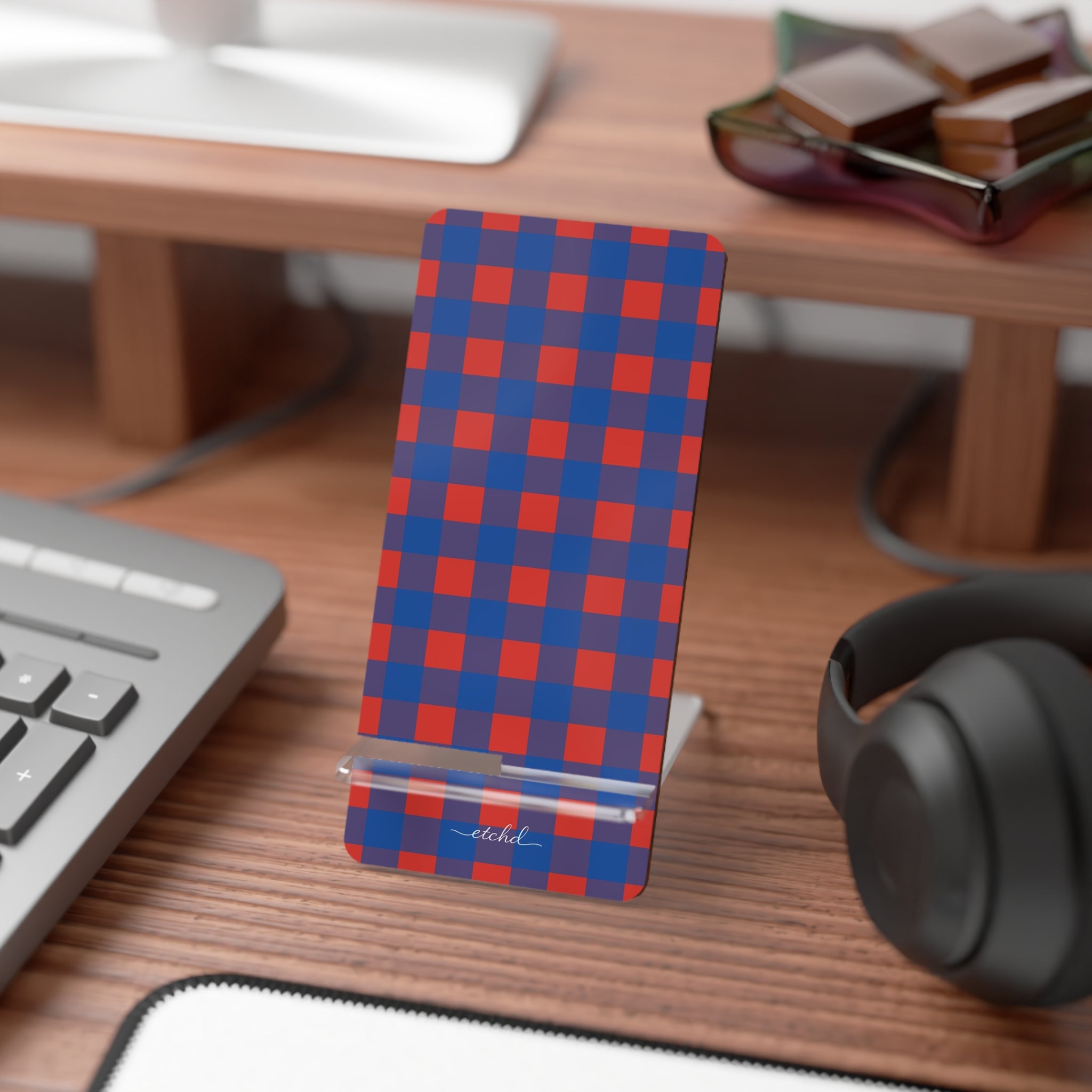 Cobalt & Poppy Gingham Phone Stand by etchd, view 3
