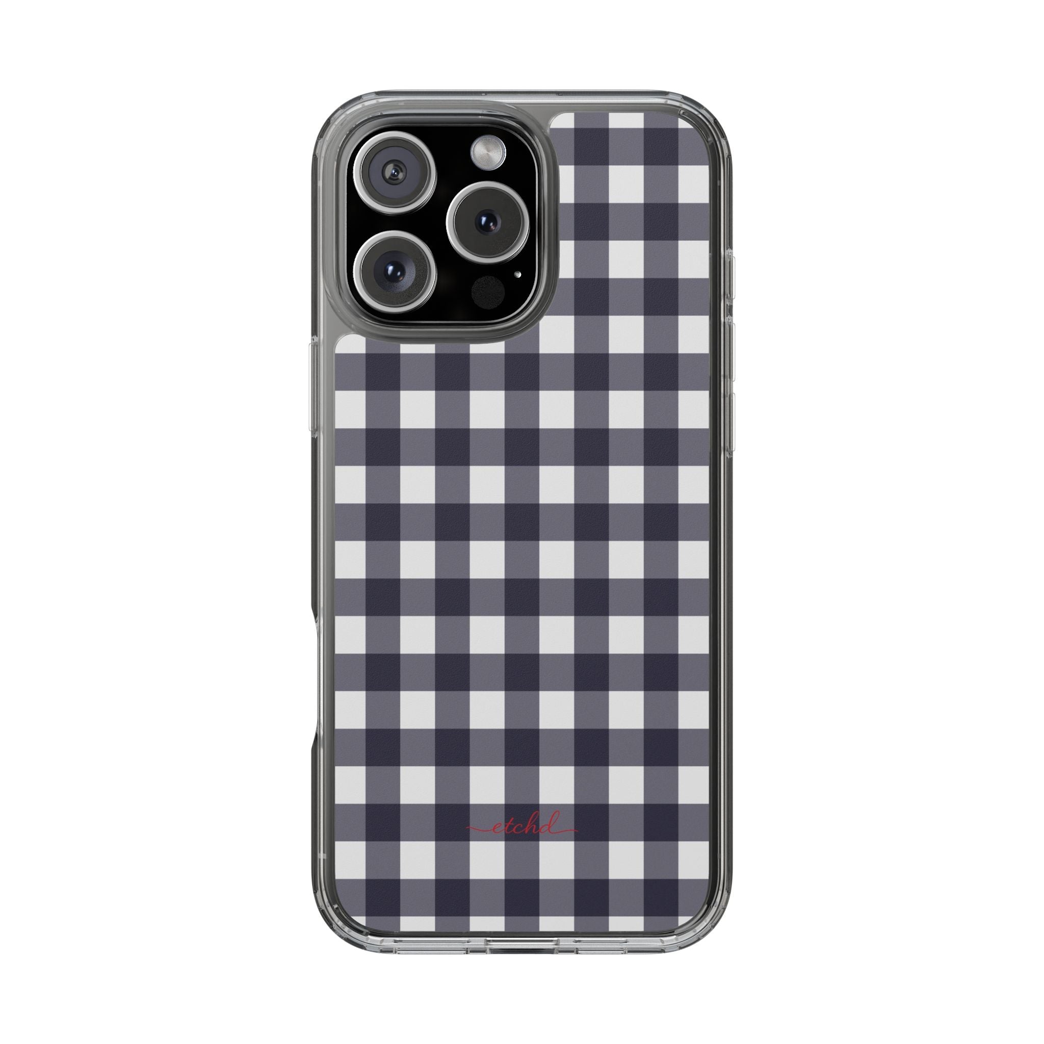 White & Navy Gingham Clear Phone Case by etchd