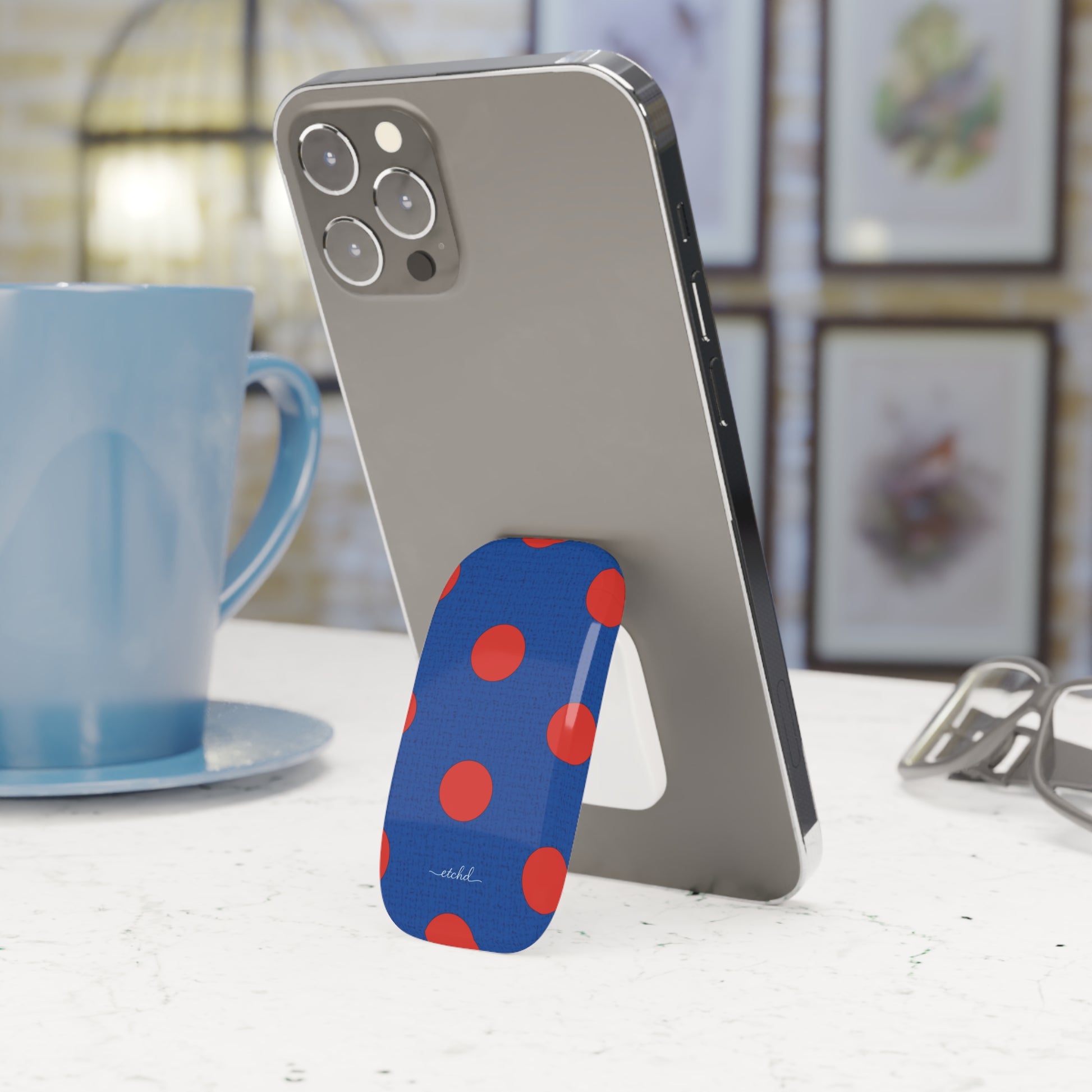 Poppy And Cobalt Polka Dot Click-On Phone Grip by etchd, view 3