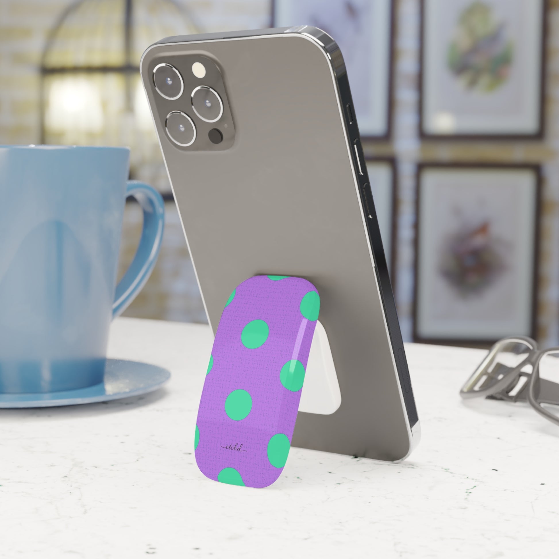 Hypermint And Lilac Polka Dot Click-On Phone Grip by etchd, view 3