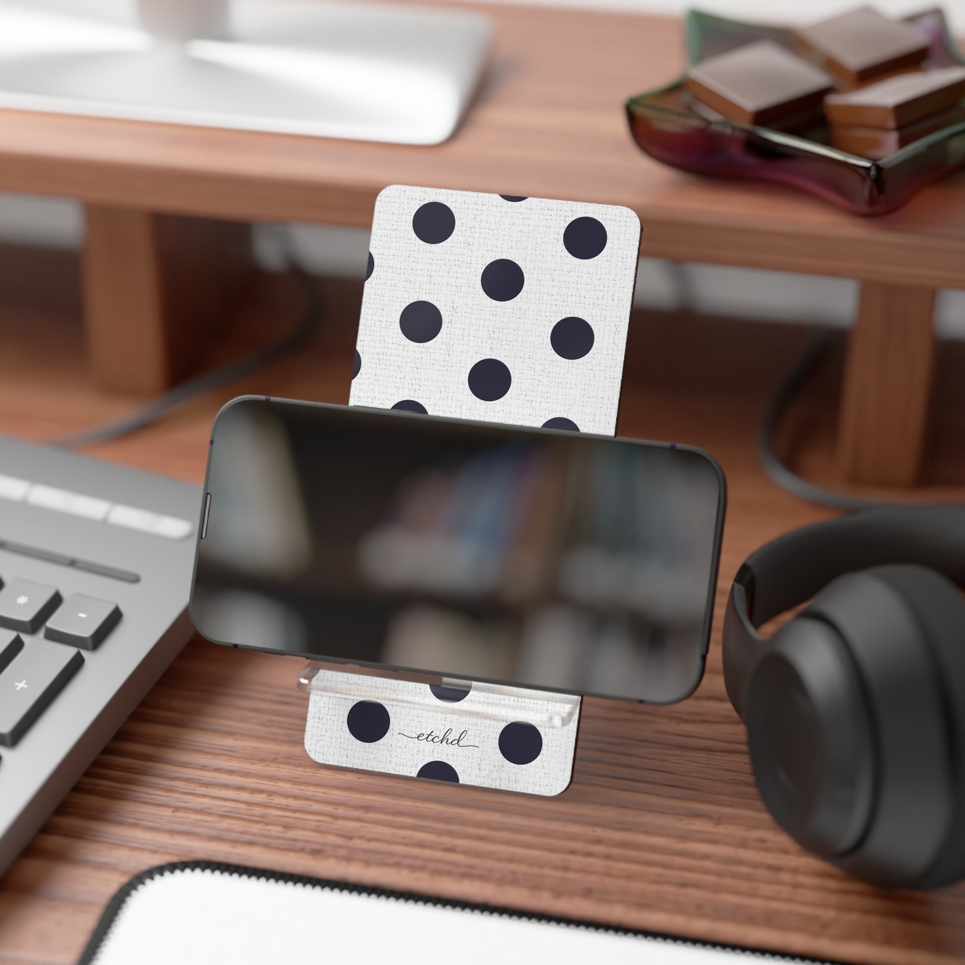 Navy And White Polka Dot Phone Stand by etchd, view 4
