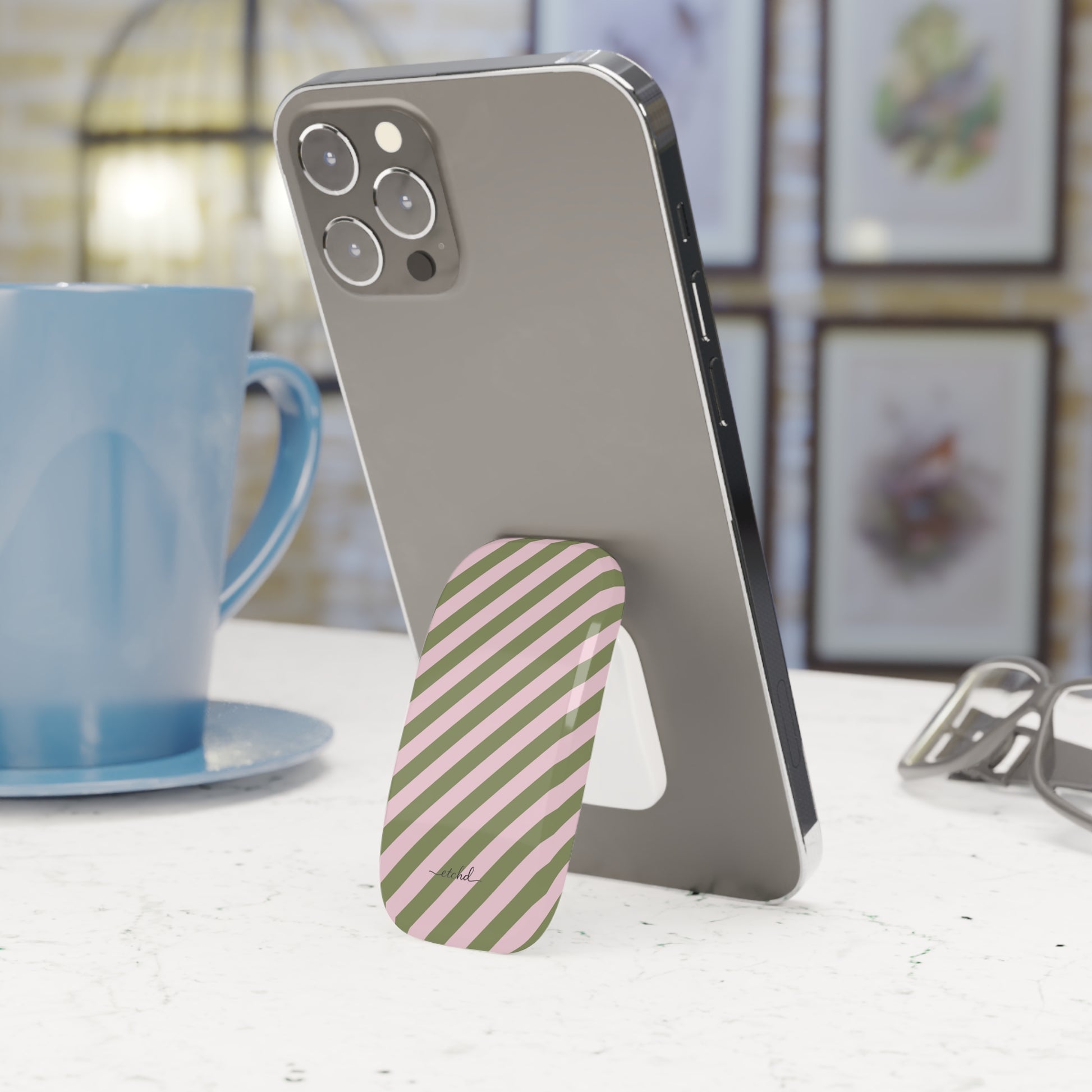 Green & Pink Striped Diagonal Click-On Phone Grip by etchd, view 3