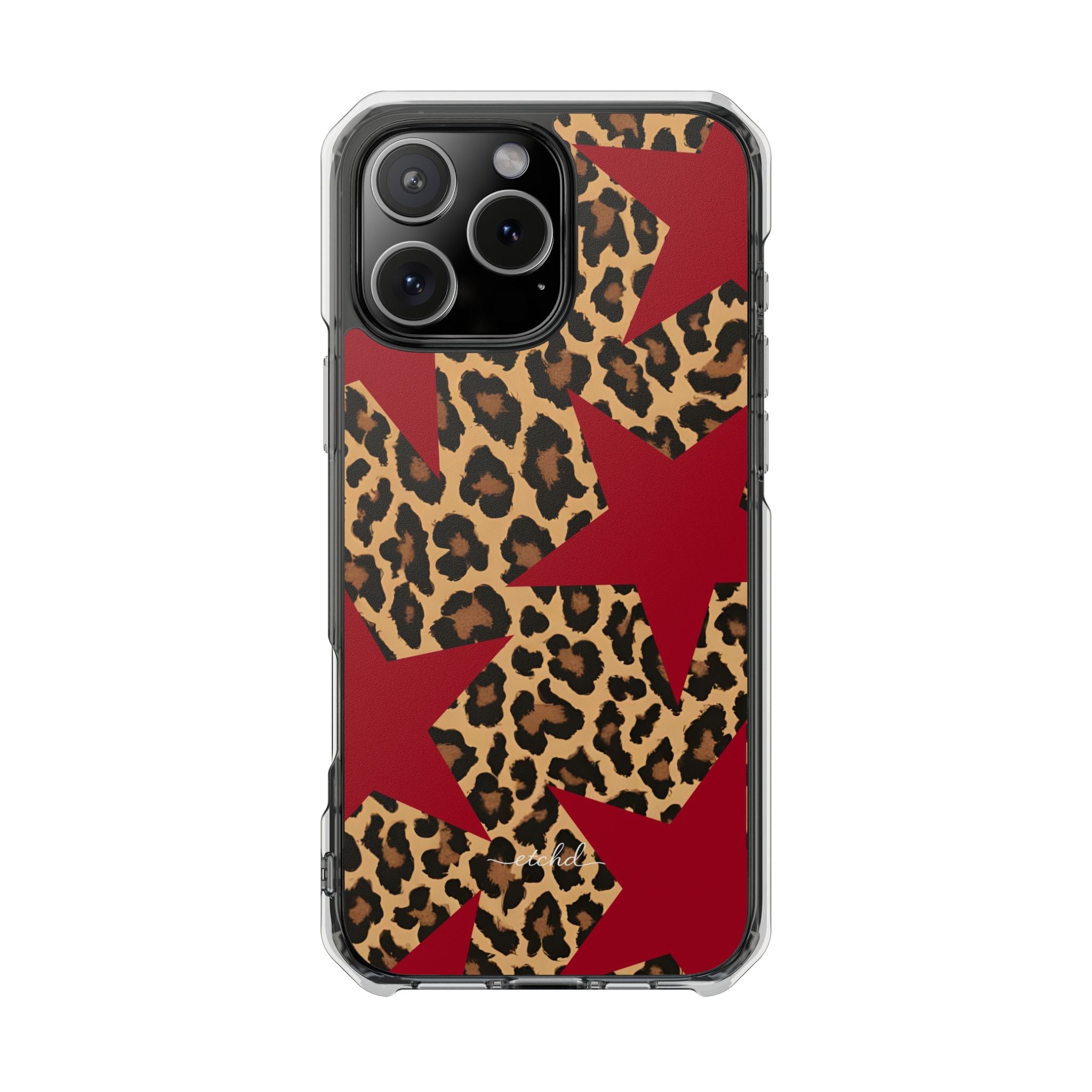 Leopard & Red Stars Clear Magnetic Phone Case by etchd