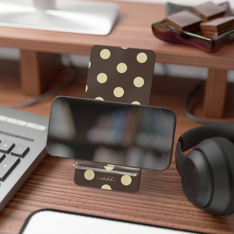 Brown And Butter Yellow Polka Dot Phone Stand by etchd, view 4