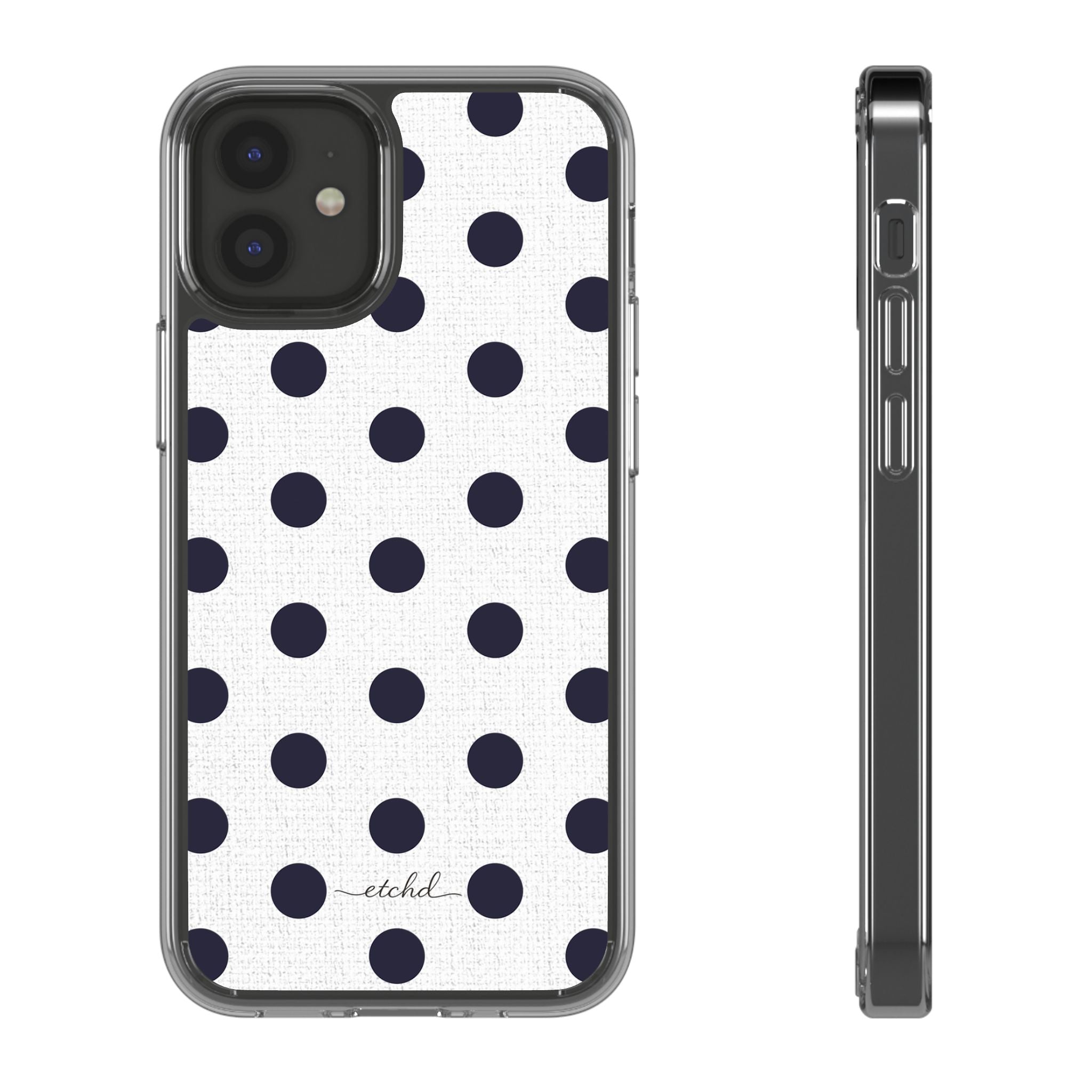 Navy & White Polka Dot Clear Phone Case by etchd, view 2