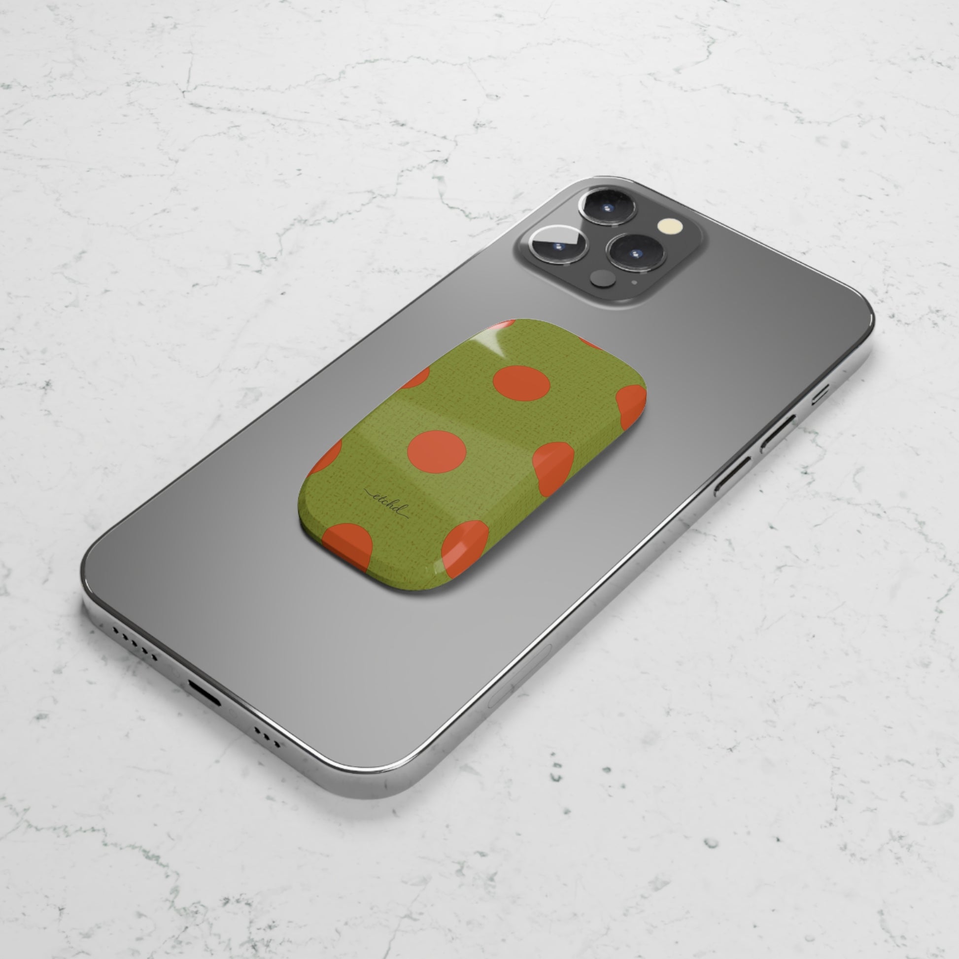 Persimmon And Wasabi Polka Dot Click-On Phone Grip by etchd, view 5