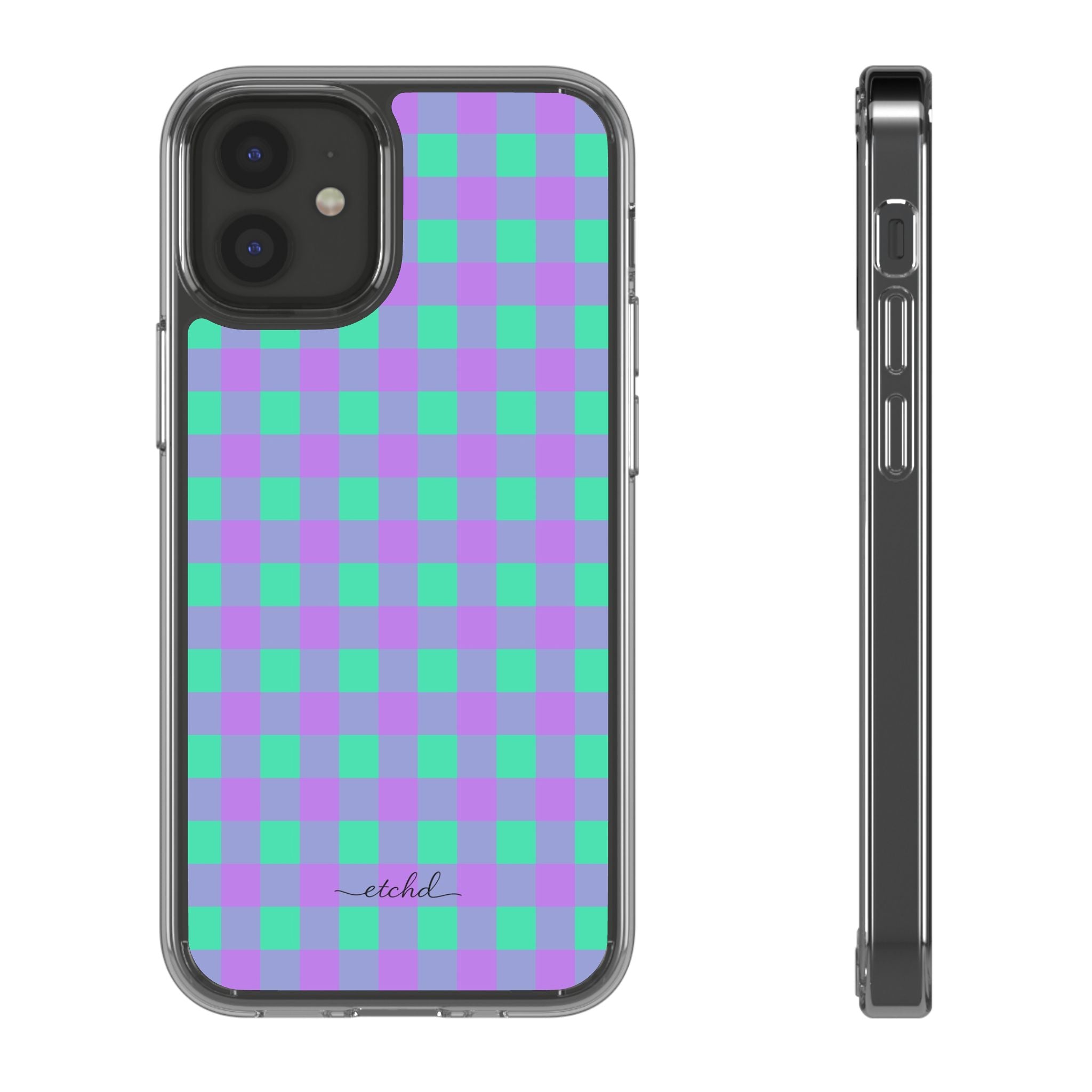 Hypermint & Lilac Gingham Clear Phone Case by etchd, view 2