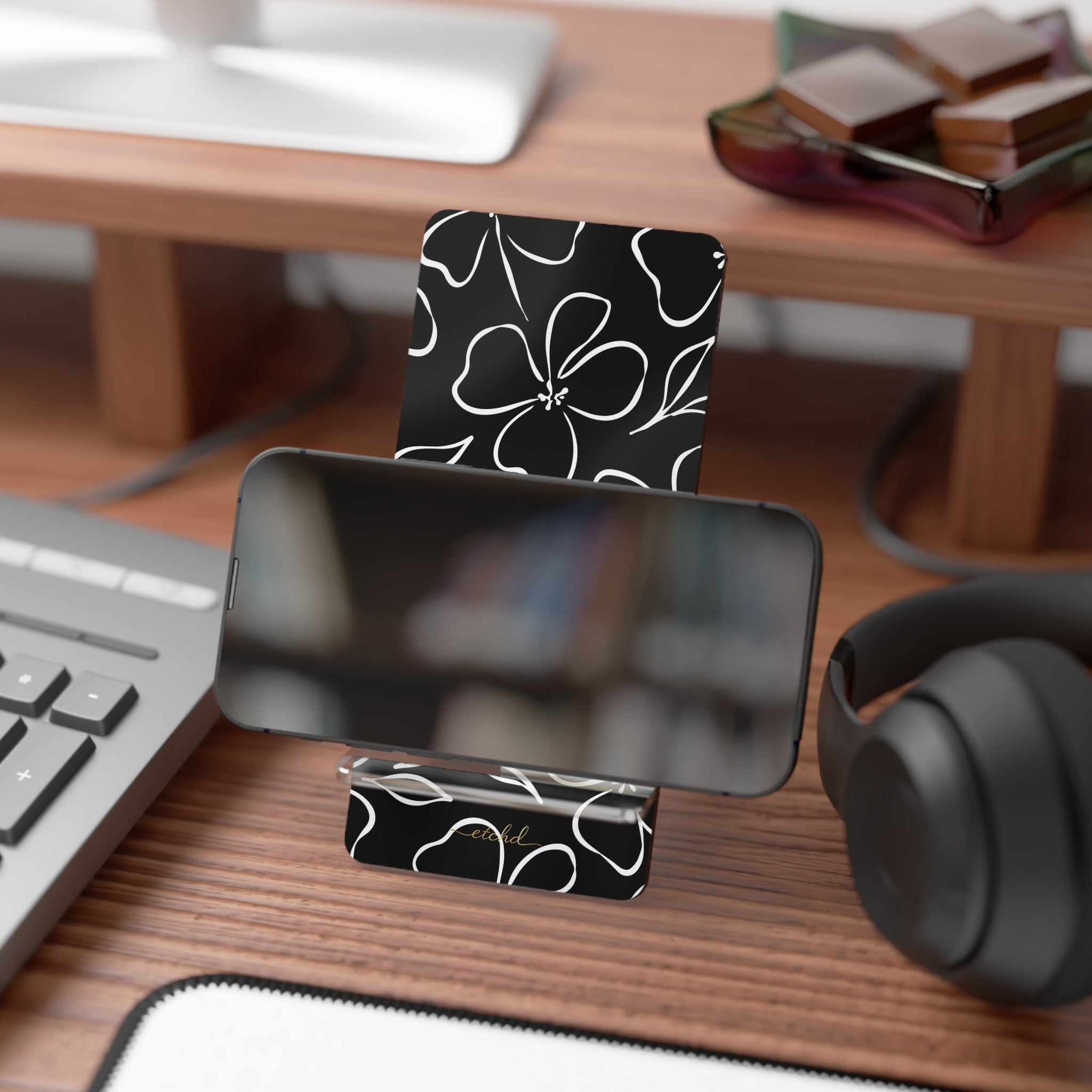 Black & White Floral Phone Stand by etchd, view 4