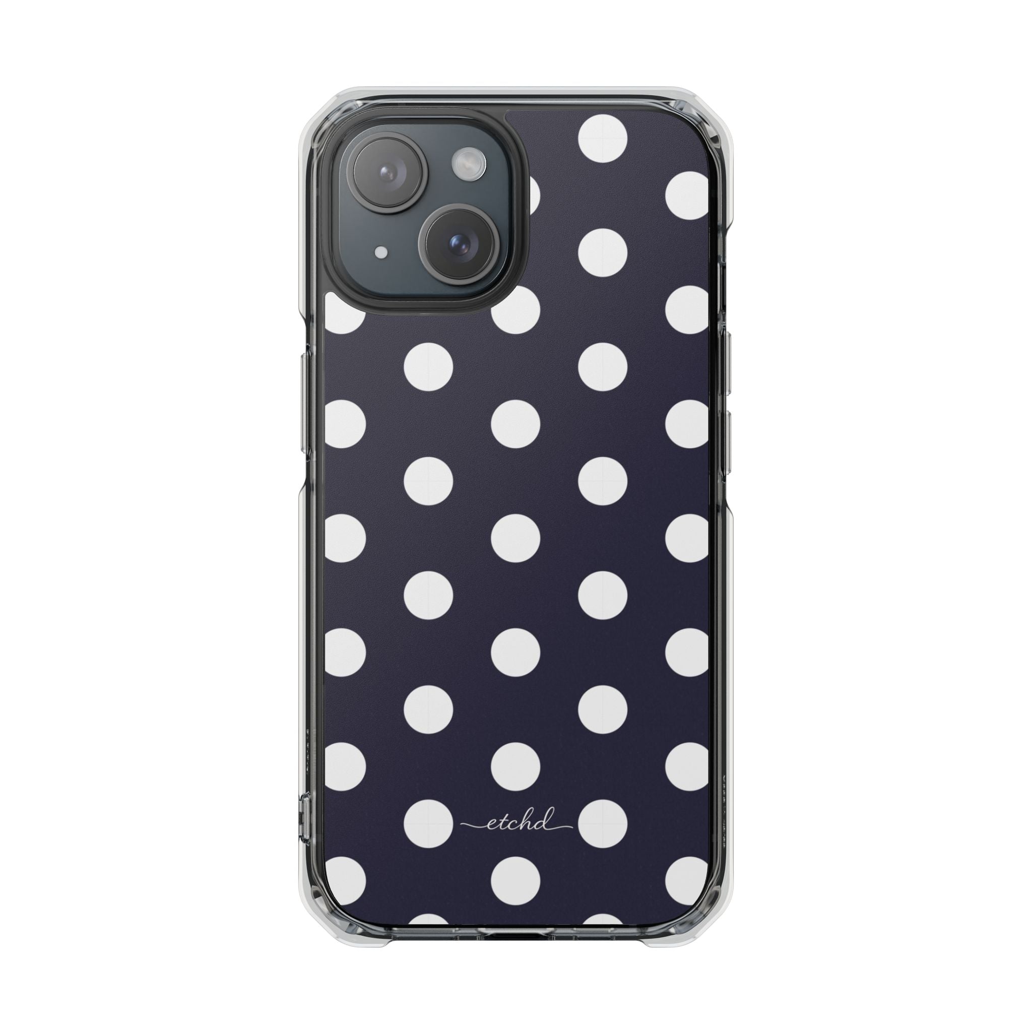 White & Navy Polka Dot Funda transparente magnética para móvil de etchd, vista 2
