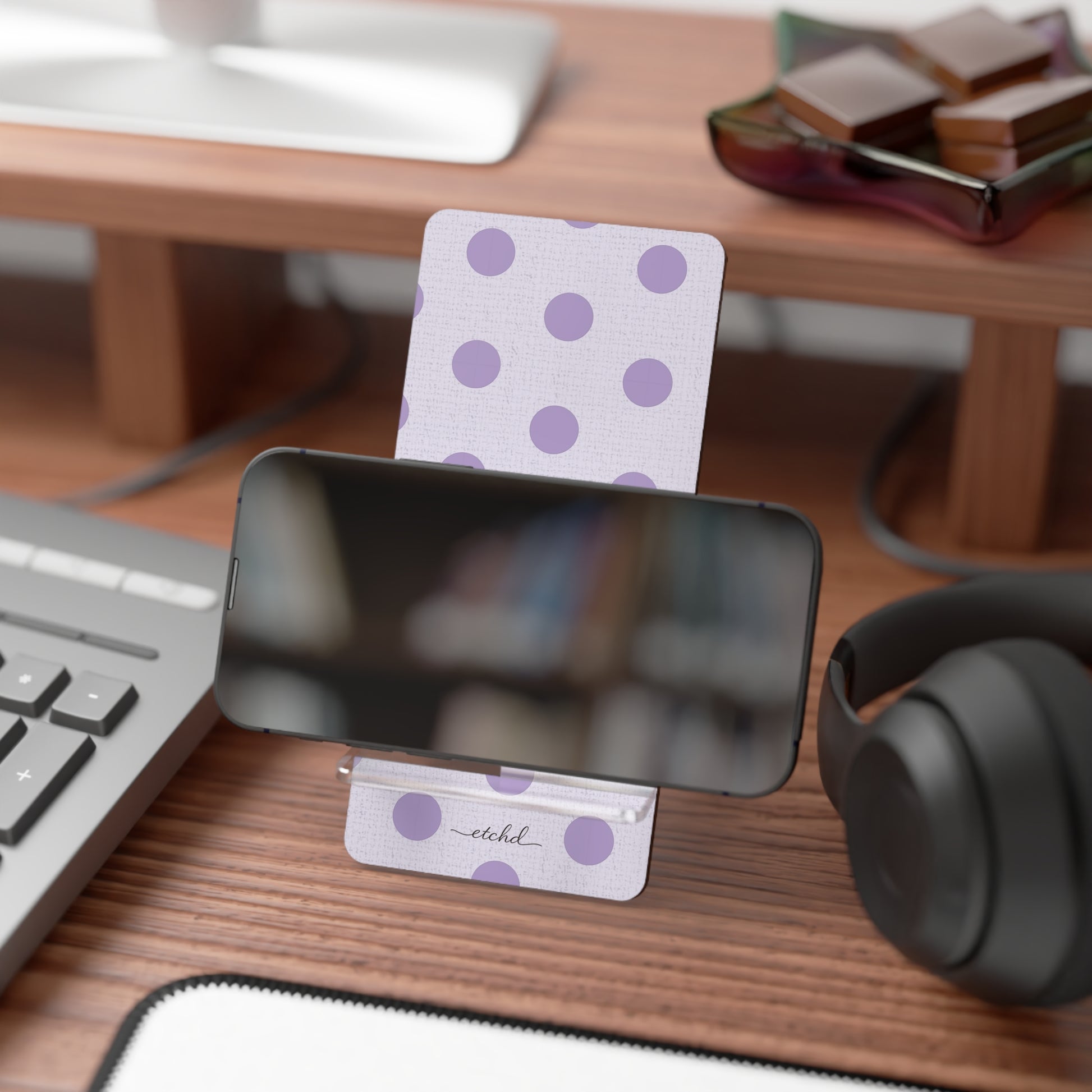 Lilac Polka Dot Phone Stand by etchd, view 4