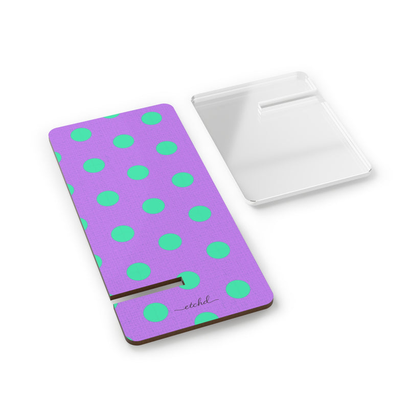 Hypermint And Lilac Polka Dot Phone Stand by etchd, view 2