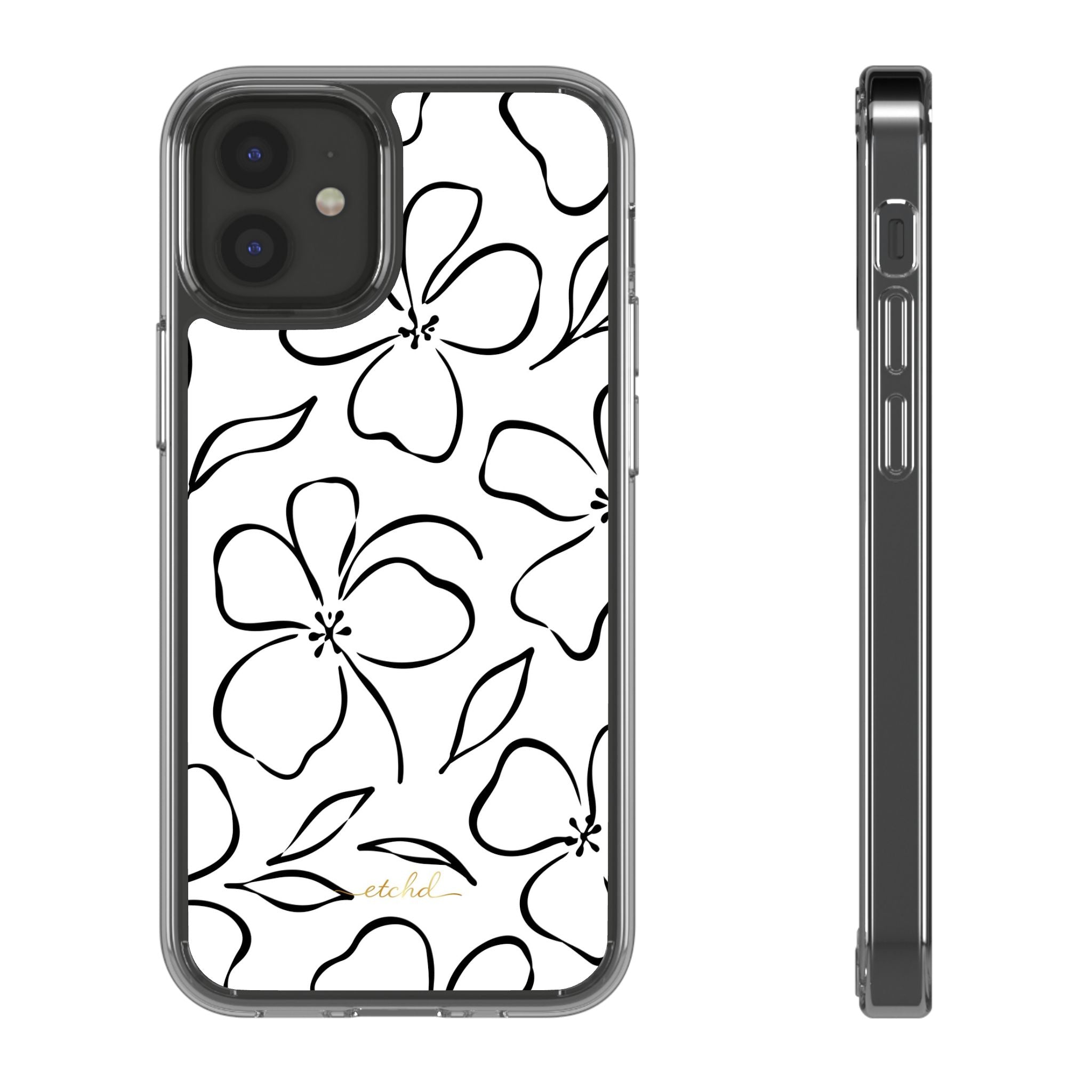 White & Black Floral Clear Phone Case by etchd, view 2