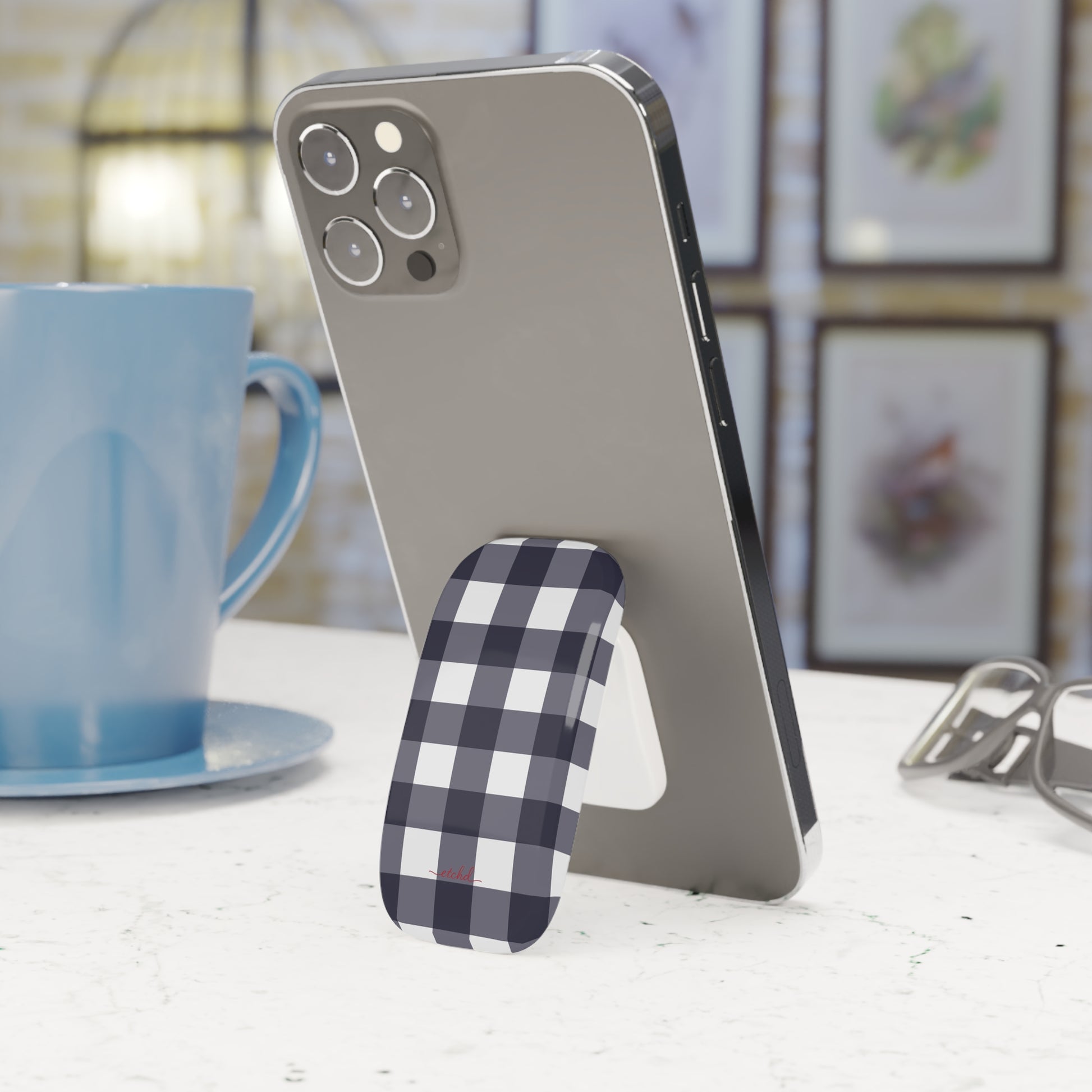 White & Navy Gingham Click-On Phone Grip by etchd, view 3