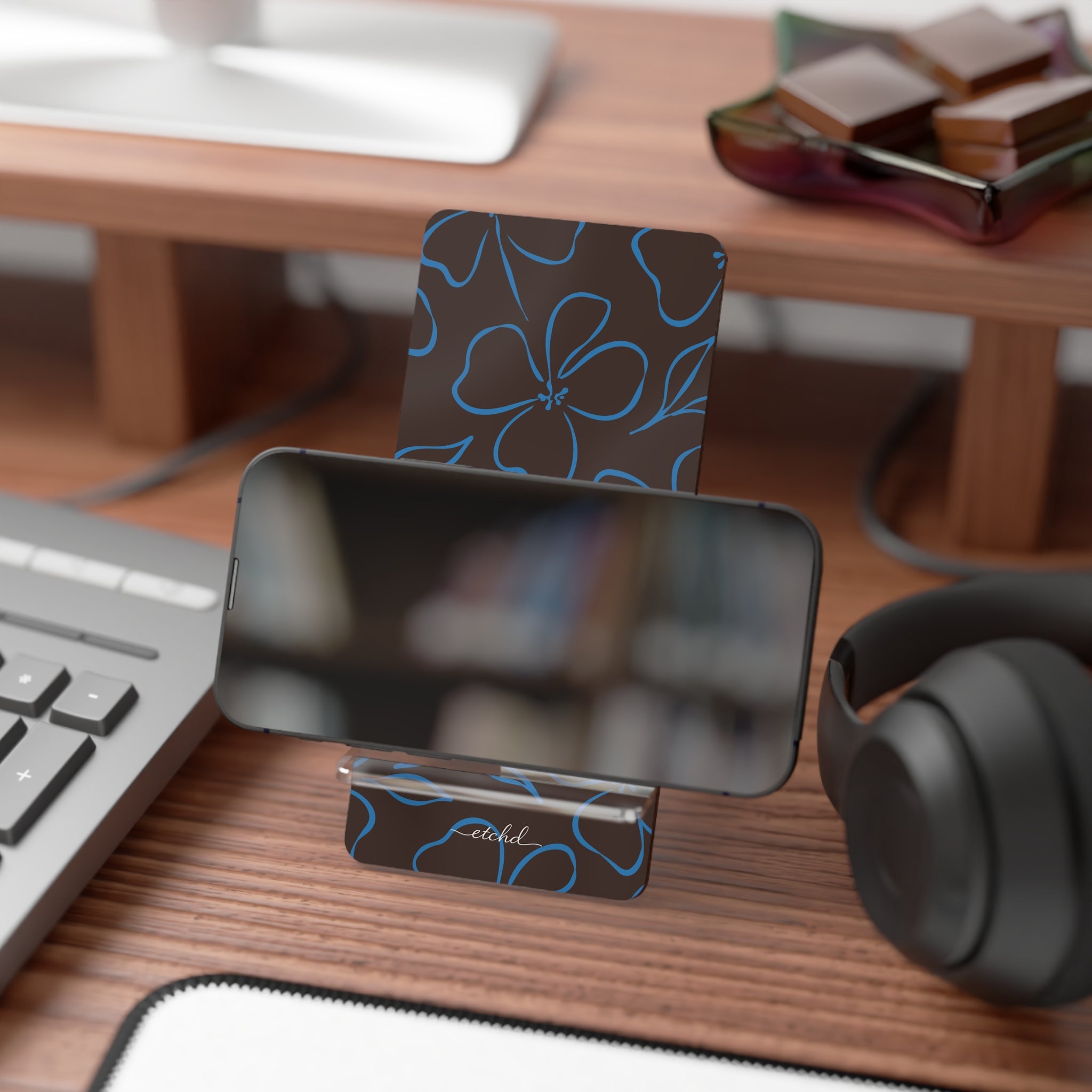 Espresso & Cerulean Floral Phone Stand by etchd, view 4