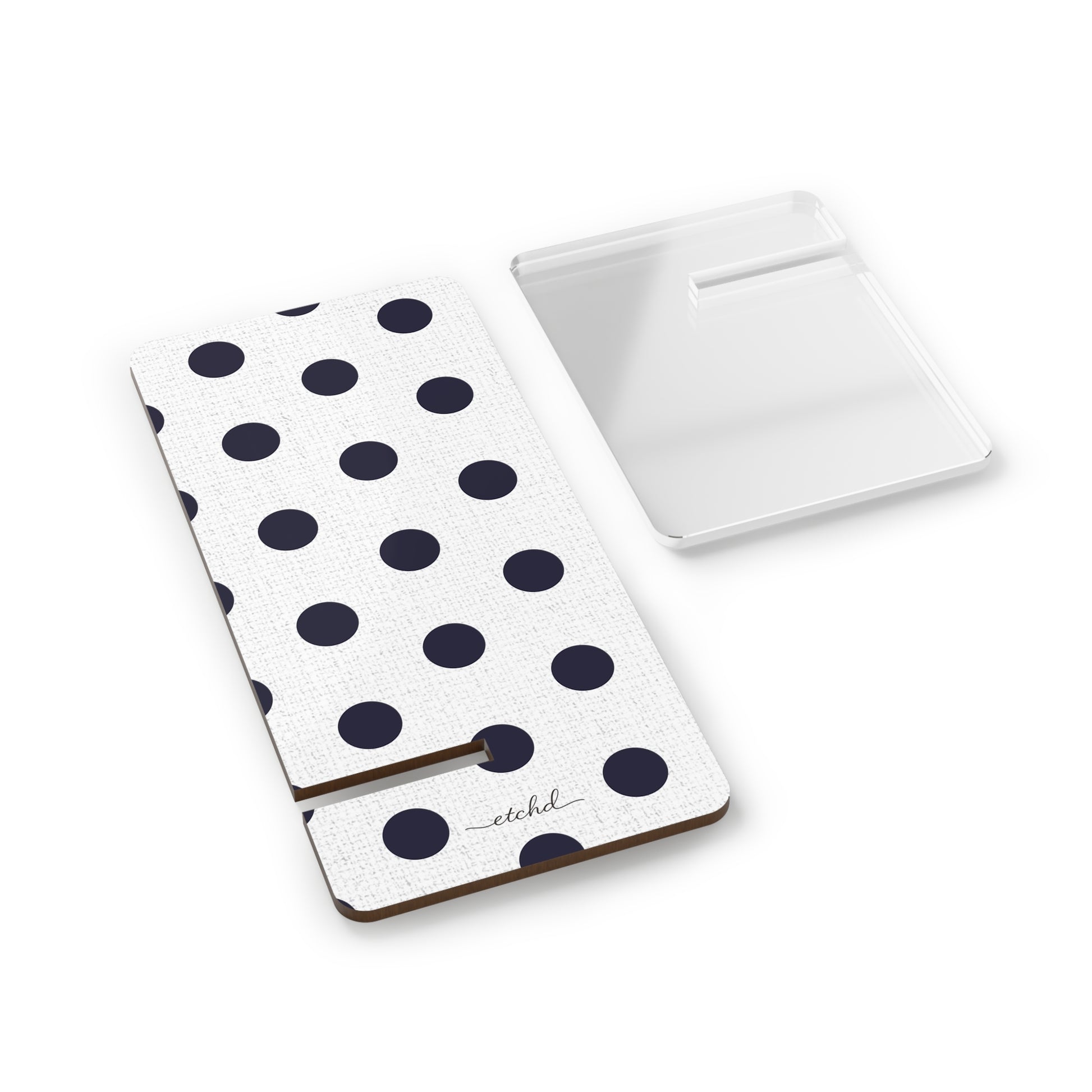 Navy And White Polka Dot Phone Stand by etchd, view 2