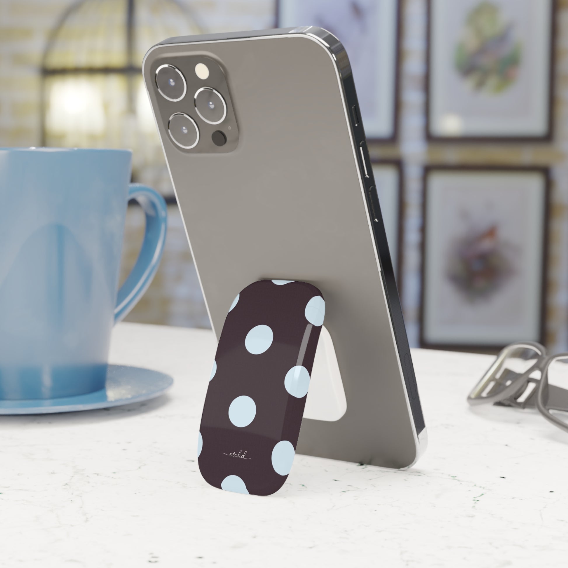Blue And Plum Polka Dot Click-On Phone Grip by etchd, view 3