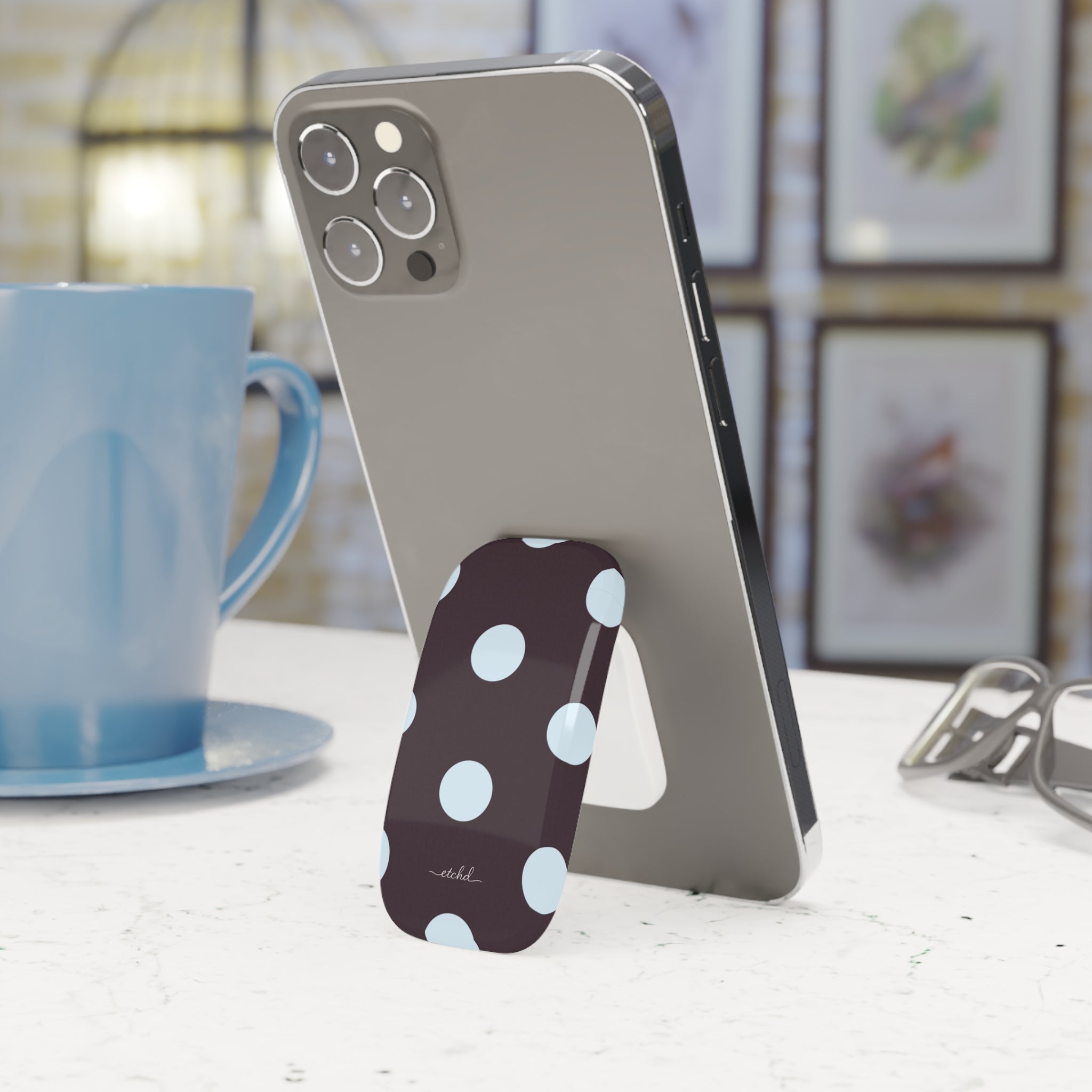 Blue And Plum Polka Dot Click-On Phone Grip by etchd, view 3