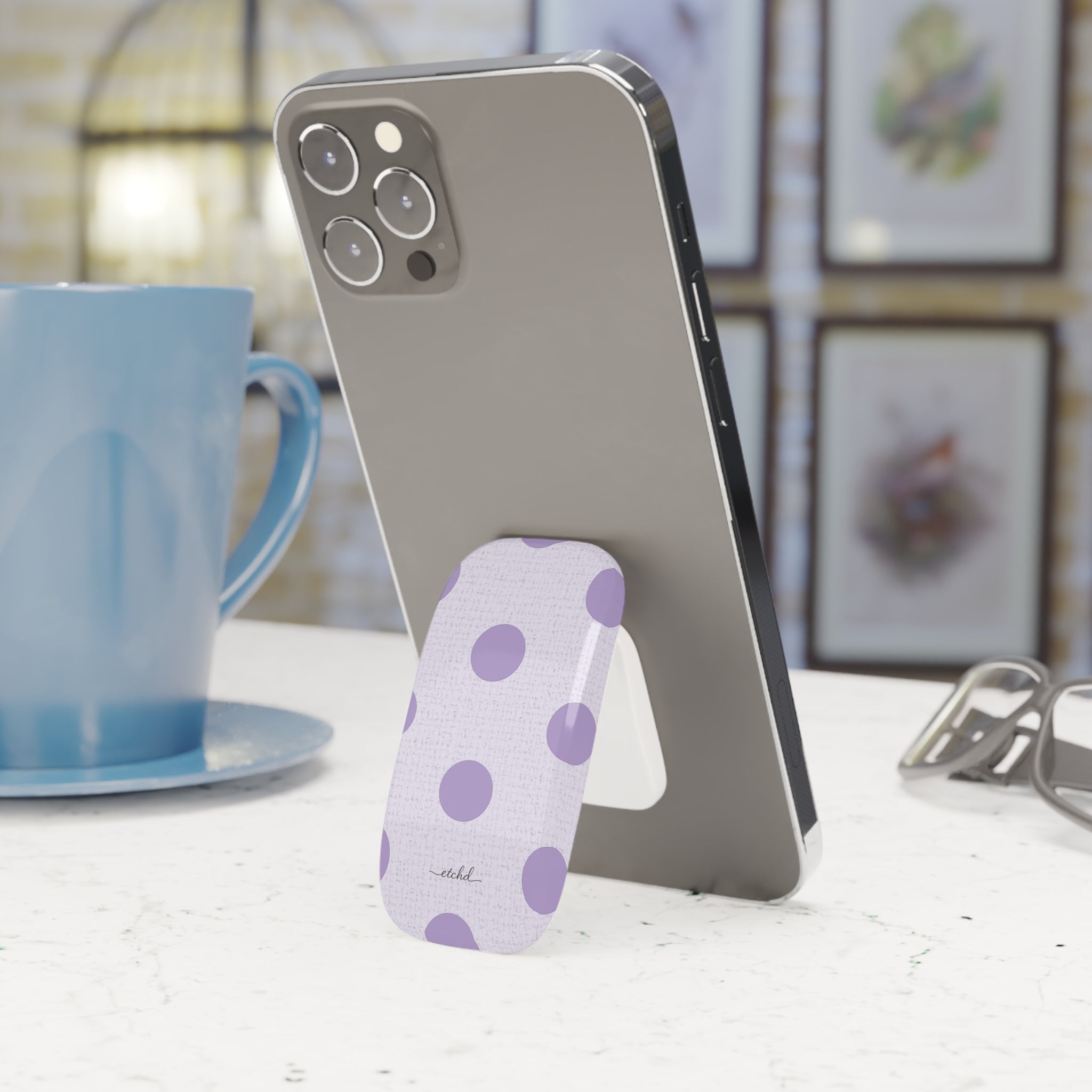 Lilac & Cream Polka Dot Click-On Phone Grip by etchd, view 3