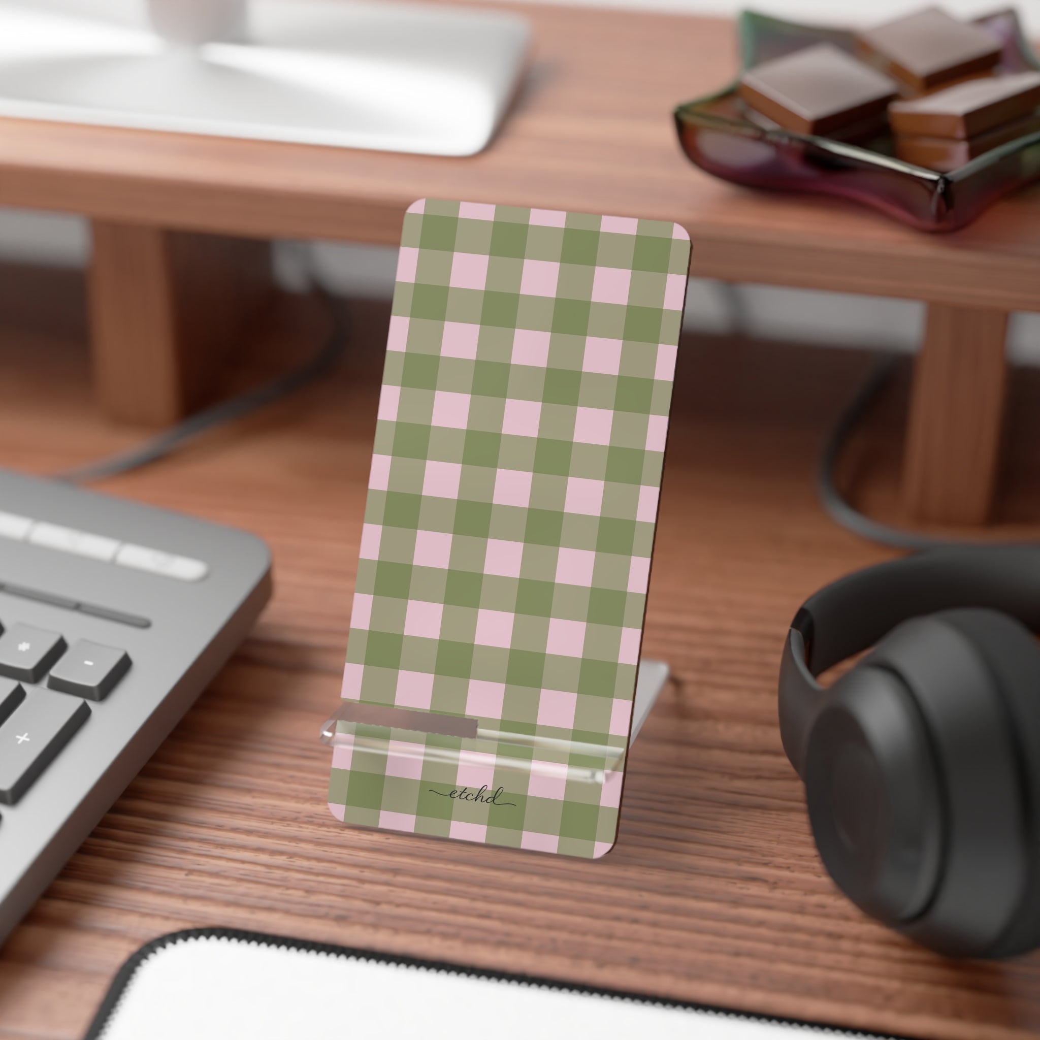 Green & Pink Gingham Phone Stand by etchd, view 3