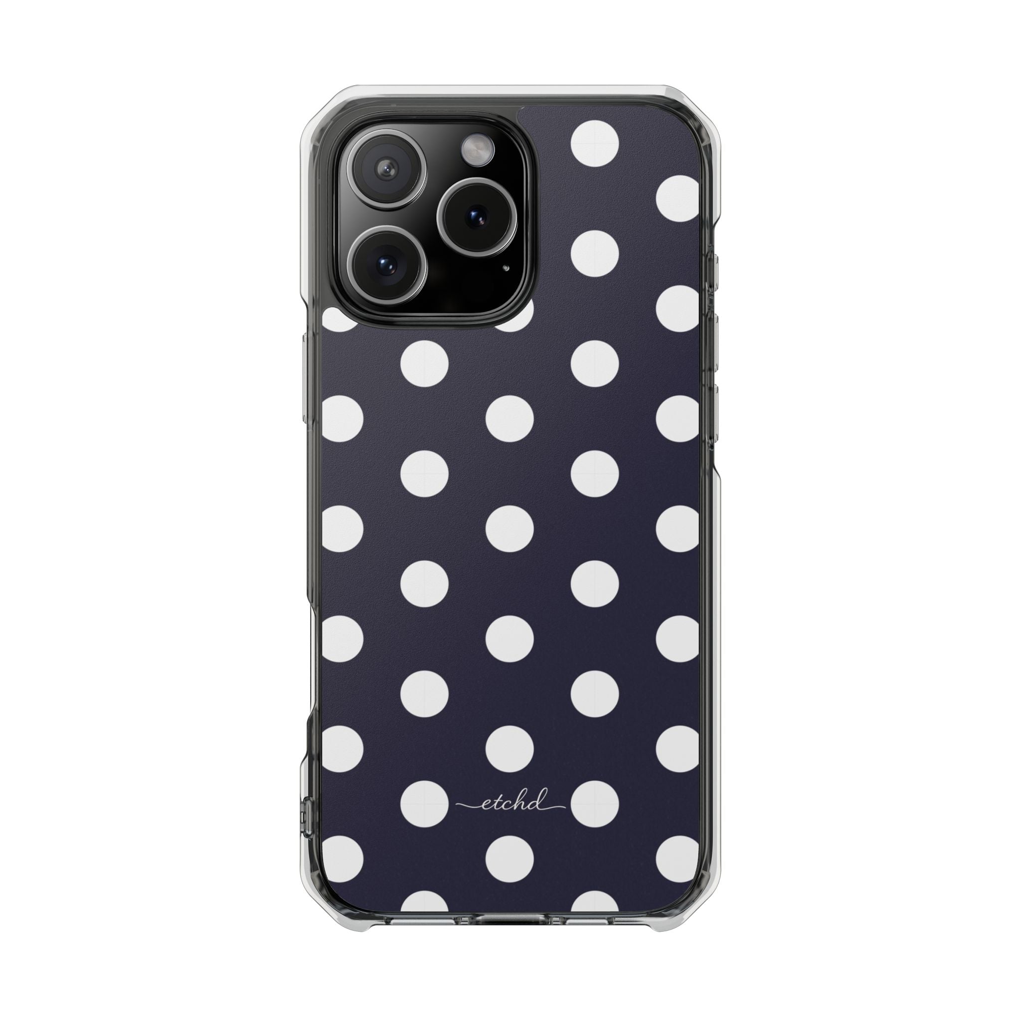 White And Navy Polka Dot Clear Magnetic Phone Case by etchd