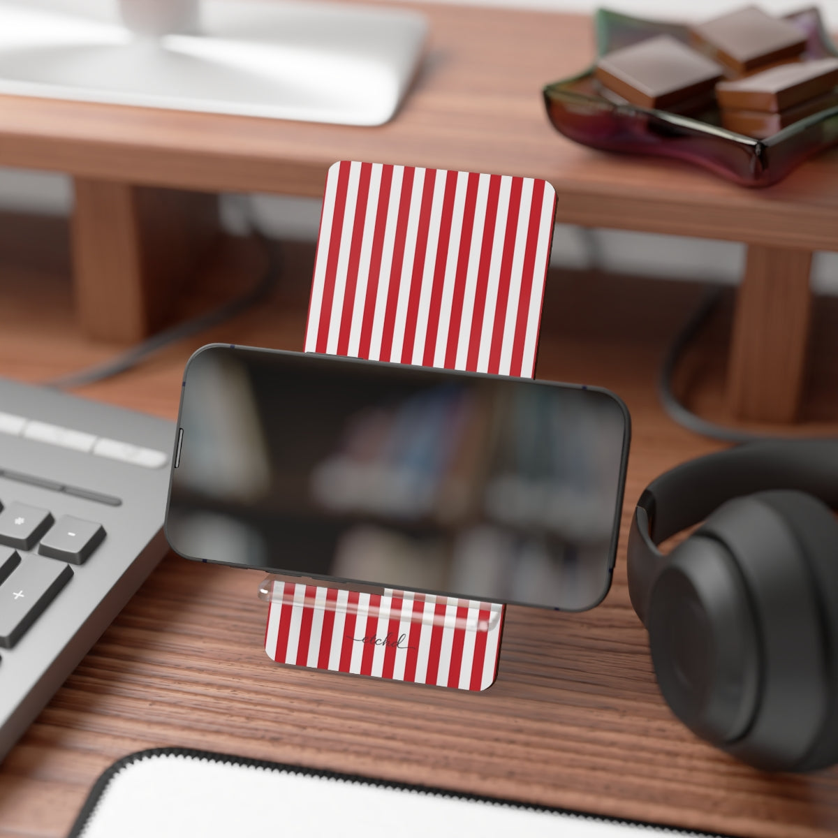 Classic Red & White Striped Phone Stand by etchd, view 4